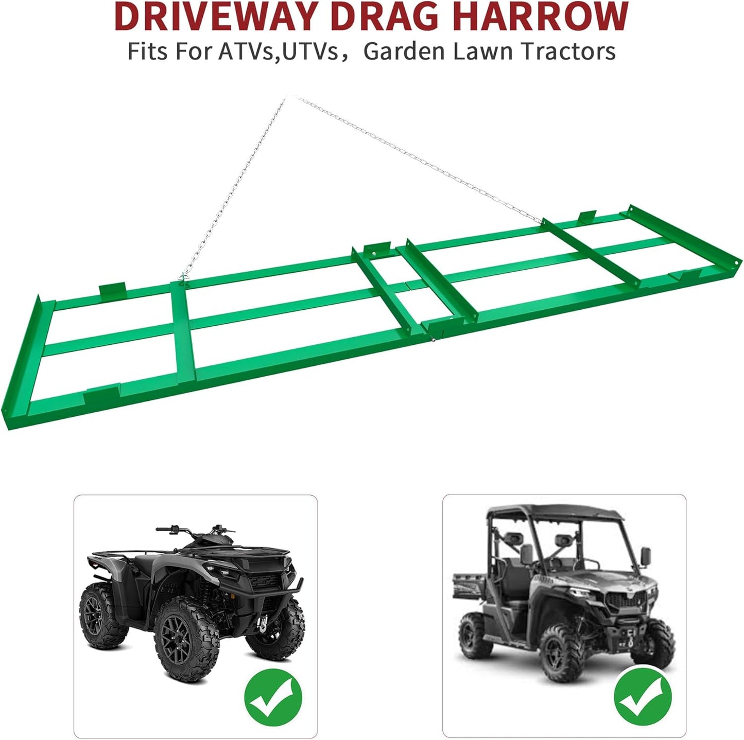 YITAMOTOR 8 Ft Drag Harrow Driveway Grader Landscape Power Rake for ATV, UTV, Tractor, Mower Tow Behind Yard Lawn Leveling Tool with 6 Ft Heavy Duty Chain