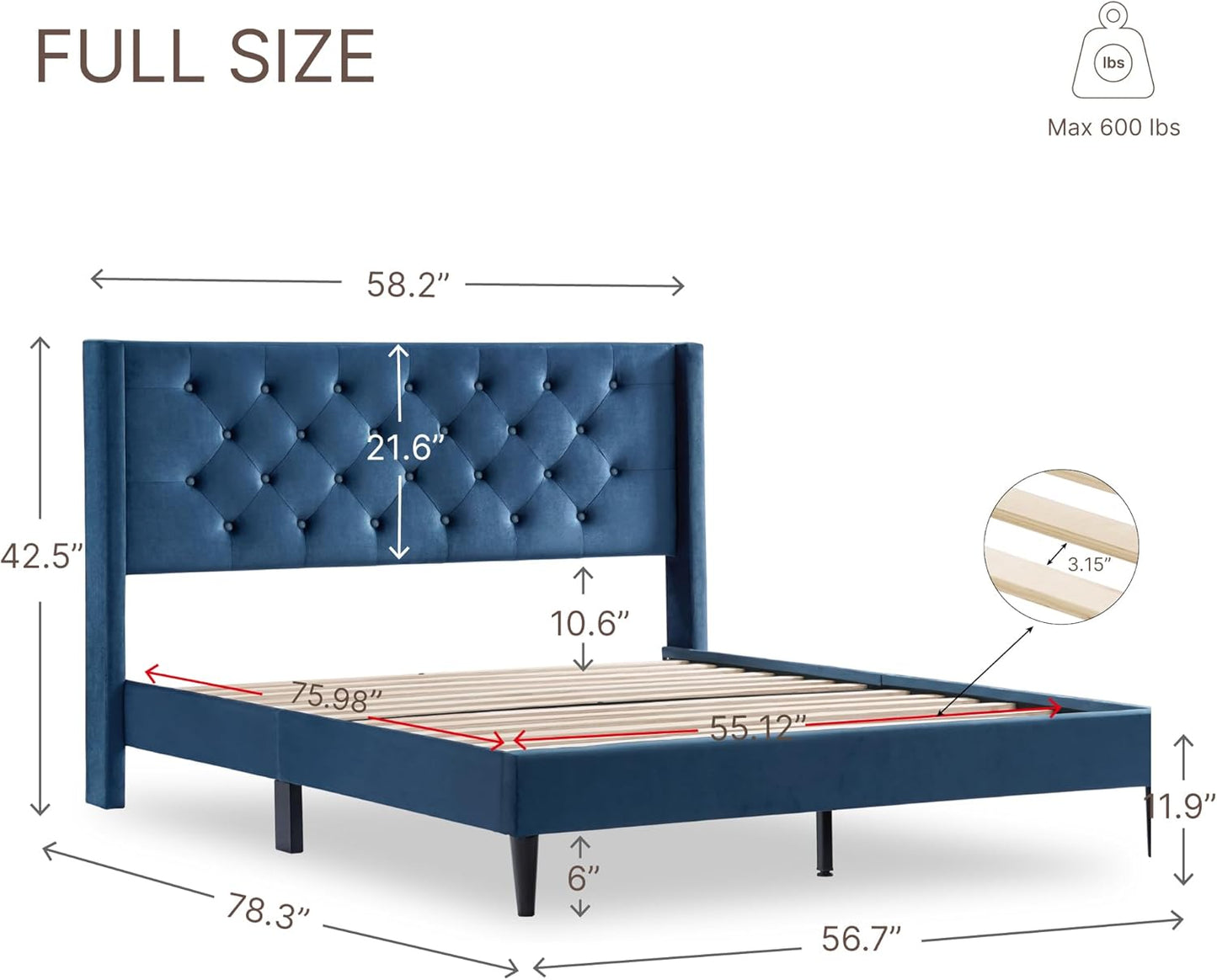 Full Size Bed Frame, Velvet Upholstered Platform Bed Mattress Foundation, with Vertical Channel Tufted Wingback Headboard, Strong Wood Slat, No Box Spring Needed, Blue