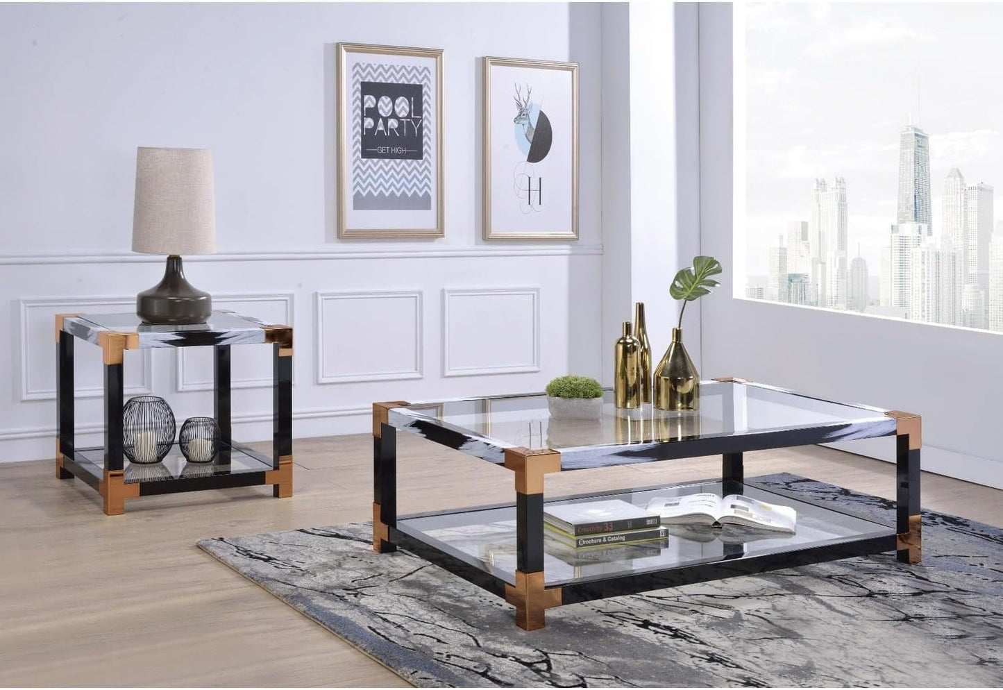 ACME Furniture Lafty End Table, White Brushed & Clear Glass