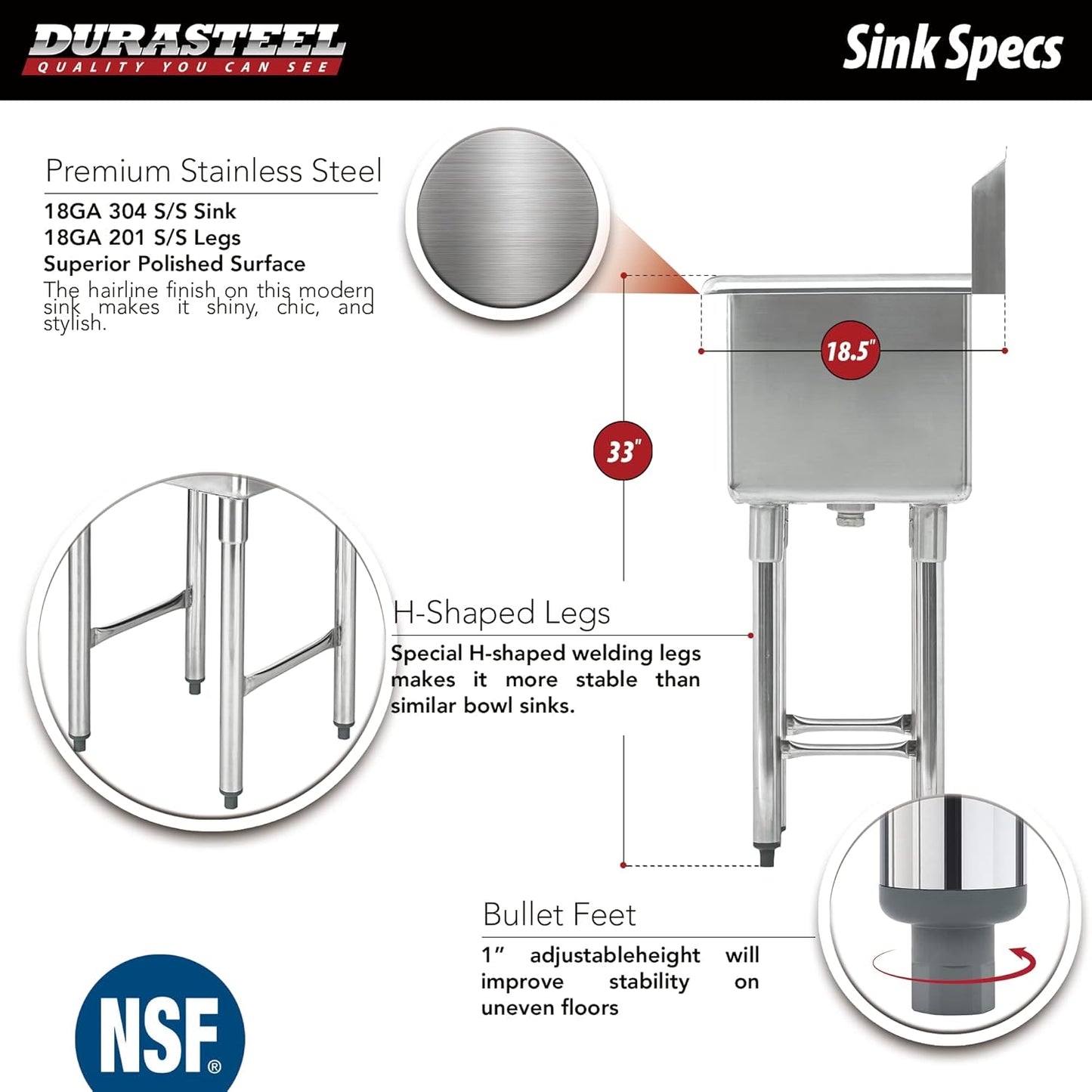 Pick Up Only-DuraSteel Stainless Steel Utility Sink - 24" x 24" Inner Single Bowl - Commercial Prep Sink with No Lead Faucet - CEC & NSF Certified - For Restaurant, Kitchen, Laundry, Garage
