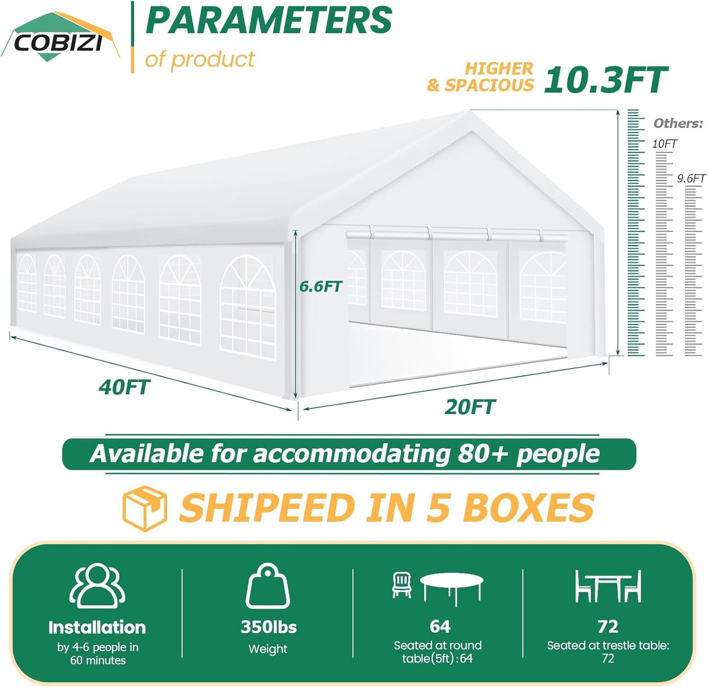 COBIZI 20x40 Party Tent Heavy Duty, Galvanized Wedding Tent, Event Shelter for Parties, Outdoor with Removable Sidewall & Built-in Sandbag, Carpas para Fiestas, Large Canopy, Waterproof, White