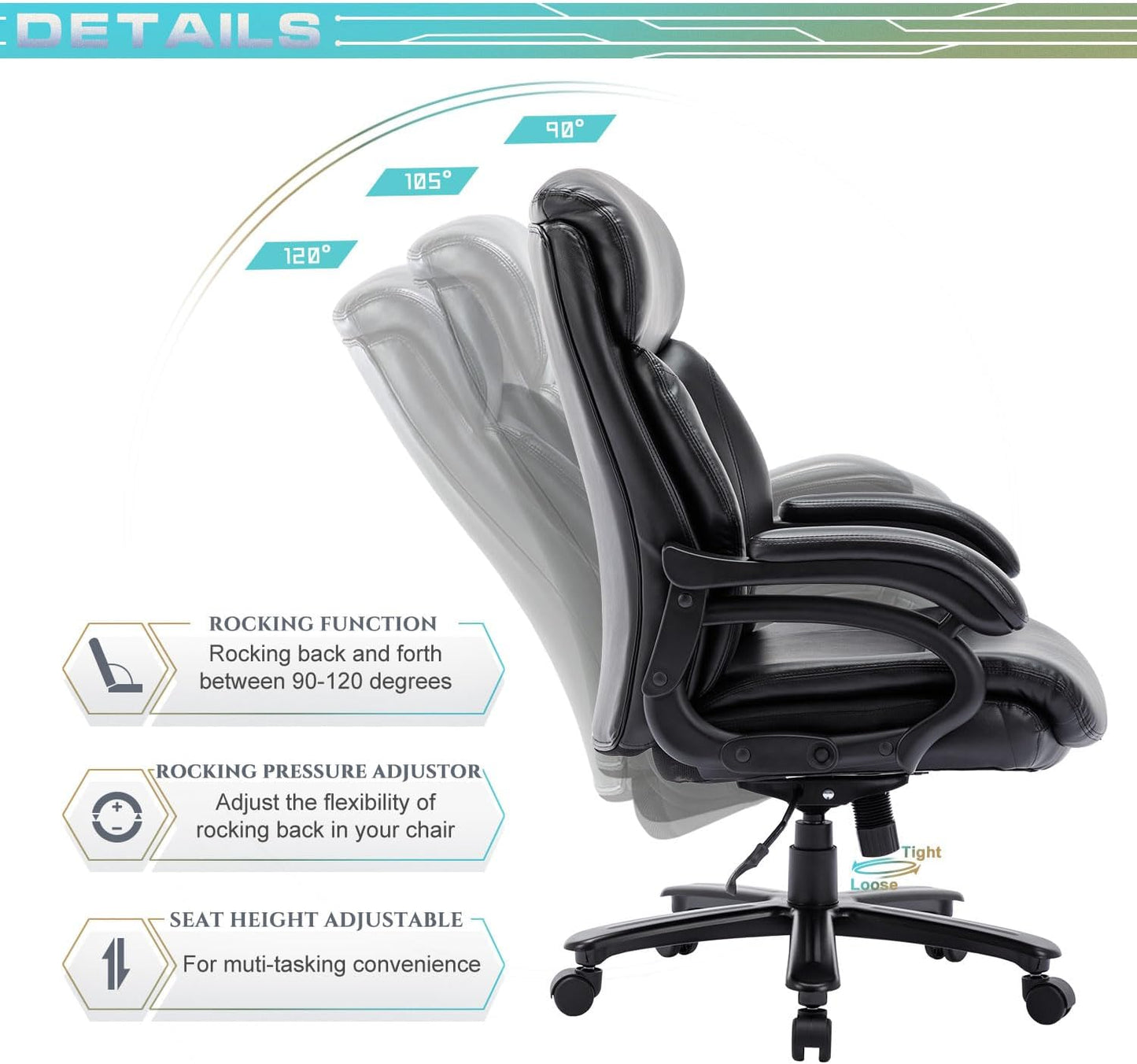 Big and Tall Office Chair 400lbs-Heavy Duty Executive Desk Chair with Extra Wide Seat, High Back Ergonomic Leather Computer Chair with Tilt Rock&Tension, Padded Armrests-Black