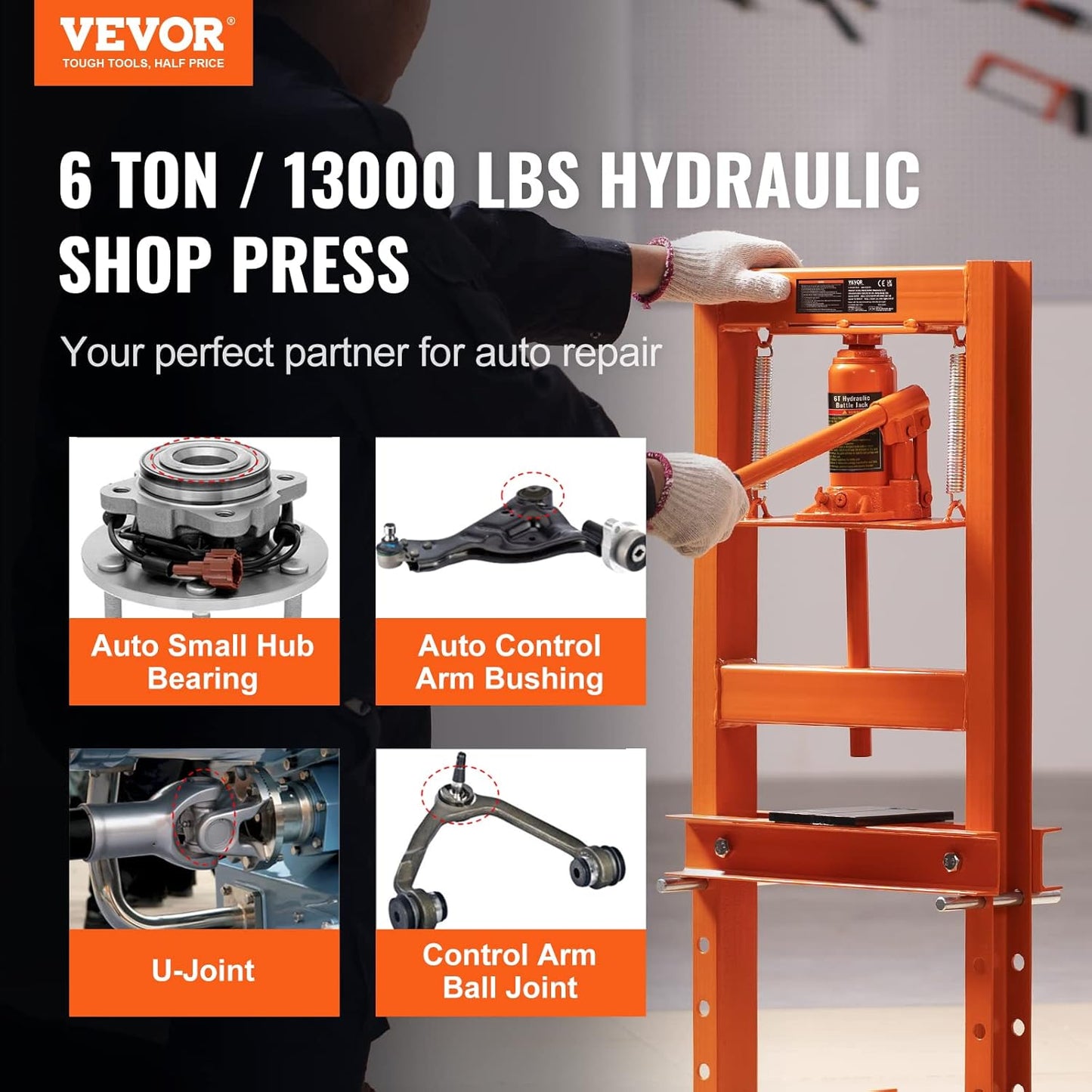 VEVOR Hydraulic Shop Press, 6 Ton/13000lbs, H-Frame, 4-Hold Adjustable Height, with Movable Plates, for Garage or Professional Users, Orange