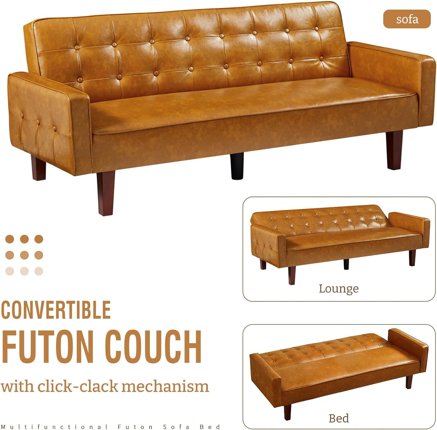 IULULU Futon Sofa Bed, Modern Convertible Faux Leather Sleeper Couch with Armrests for Studio, Office, Apartment, Compact Living, Game Room, Overnight Guests, Retro Brown