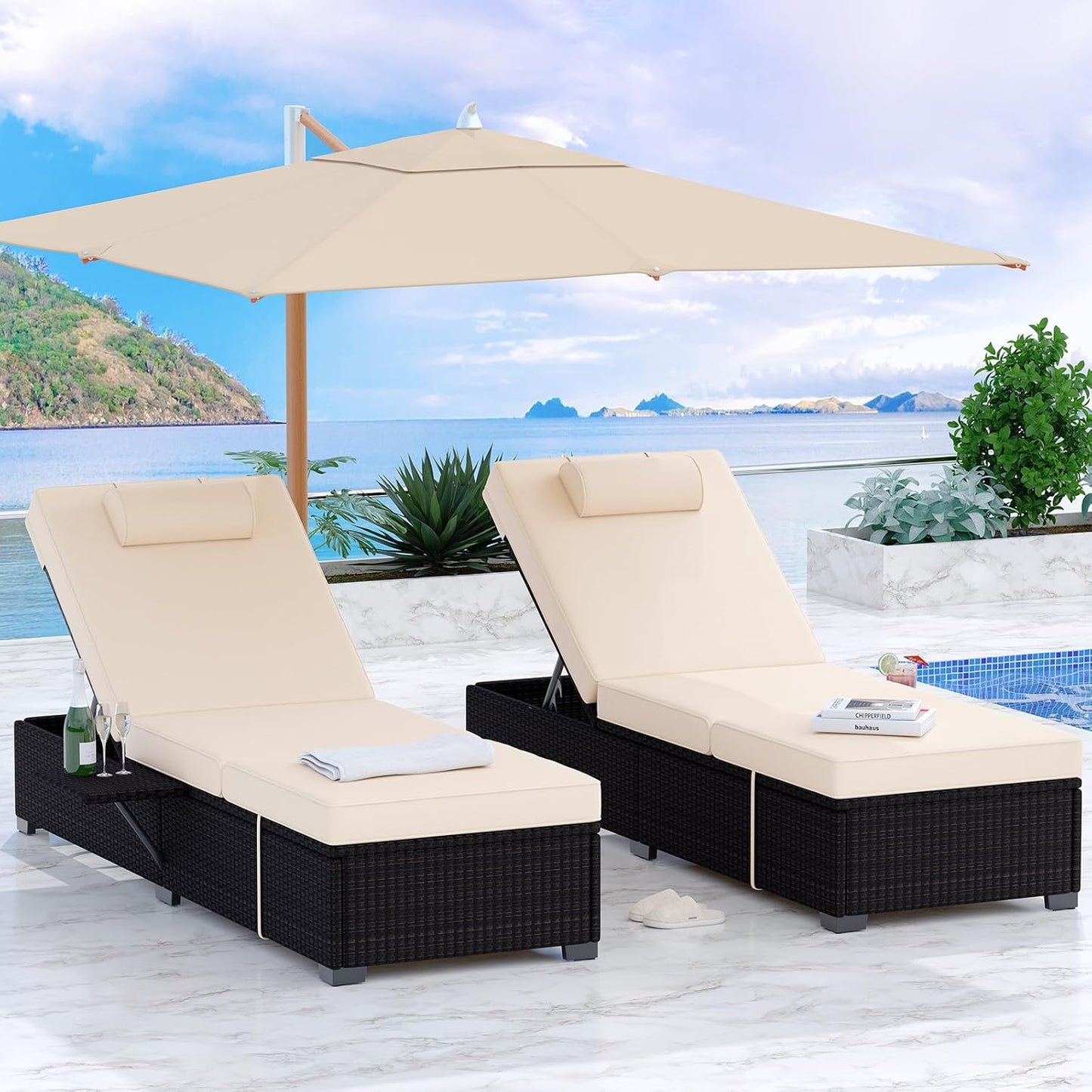 Patio Lounge Chairs,Outdoor PE Wicker Chaise Lounge Set of 2,Chaise Lounge Chair Outdoor,Pool Furniture,Brown Rattan Recliners with Adjustable Backrest,Storage Table,Beige
