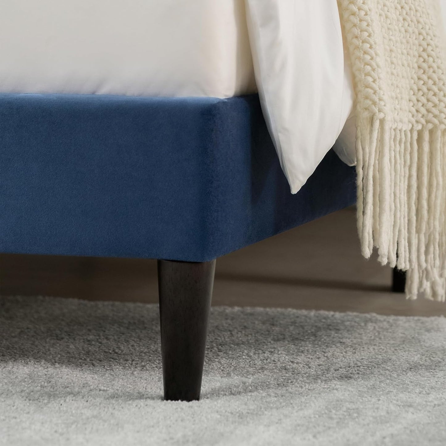 Full Size Bed Frame, Velvet Upholstered Platform Bed Mattress Foundation, with Vertical Channel Tufted Wingback Headboard, Strong Wood Slat, No Box Spring Needed, Blue