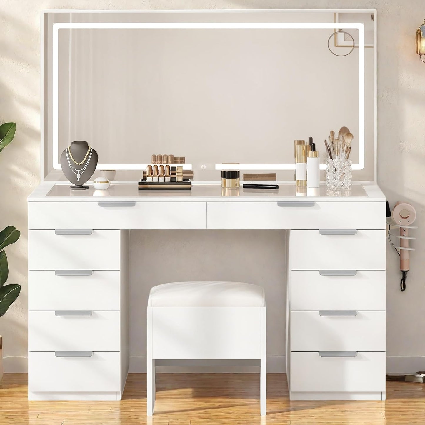 YITAHOME Makeup Vanity with Light Strip & Extra-Large Mirror, 10-Drawer Vanity Table Set with Power Hub & Hair Dryer Rack, Glass Top Vanity with 3 Color Modes Adjustment, Storage Bench for Bedroom
