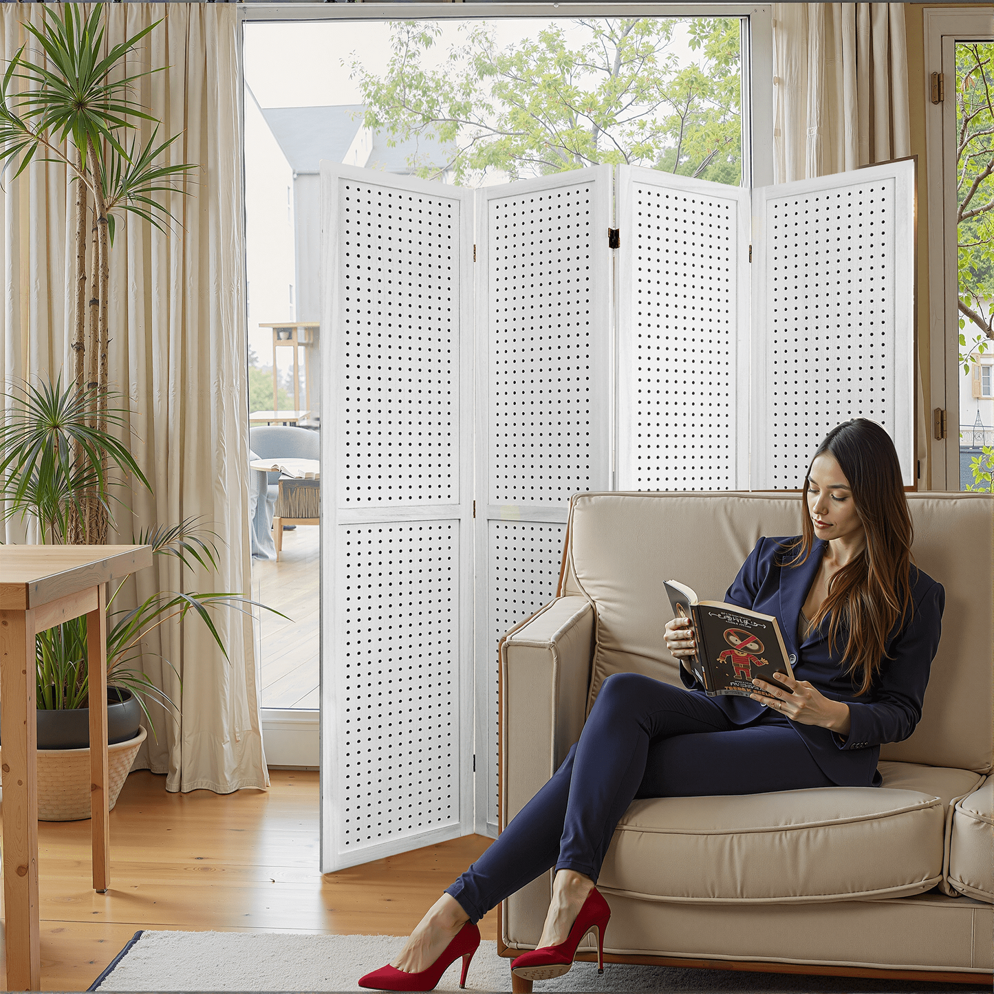 Dovelina 4 Panel Freestanding Room Divider, 5.6Ft Wooden Privacy Screen with Shelves, White