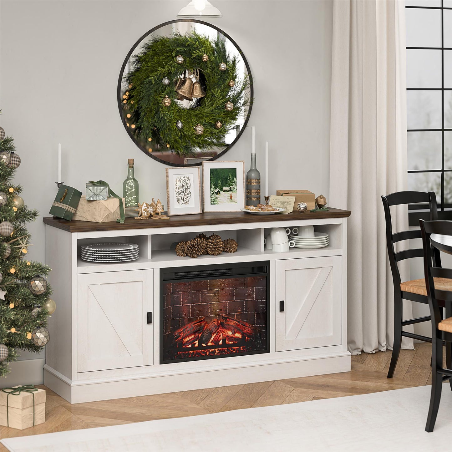 Ameriwood Home Ashton Lane Electric Fireplace TV Stand for TVs up to 65", Magnolia Oak/Columbia Walnut