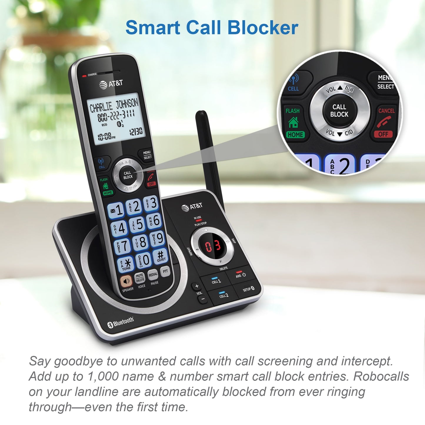 AT&T 2-Handset Expandable Cordless Phone with Unsurpassed Range, Bluetooth Connect to Cell, Smart Call Blocker and Answering System, DLP72212 (Black)