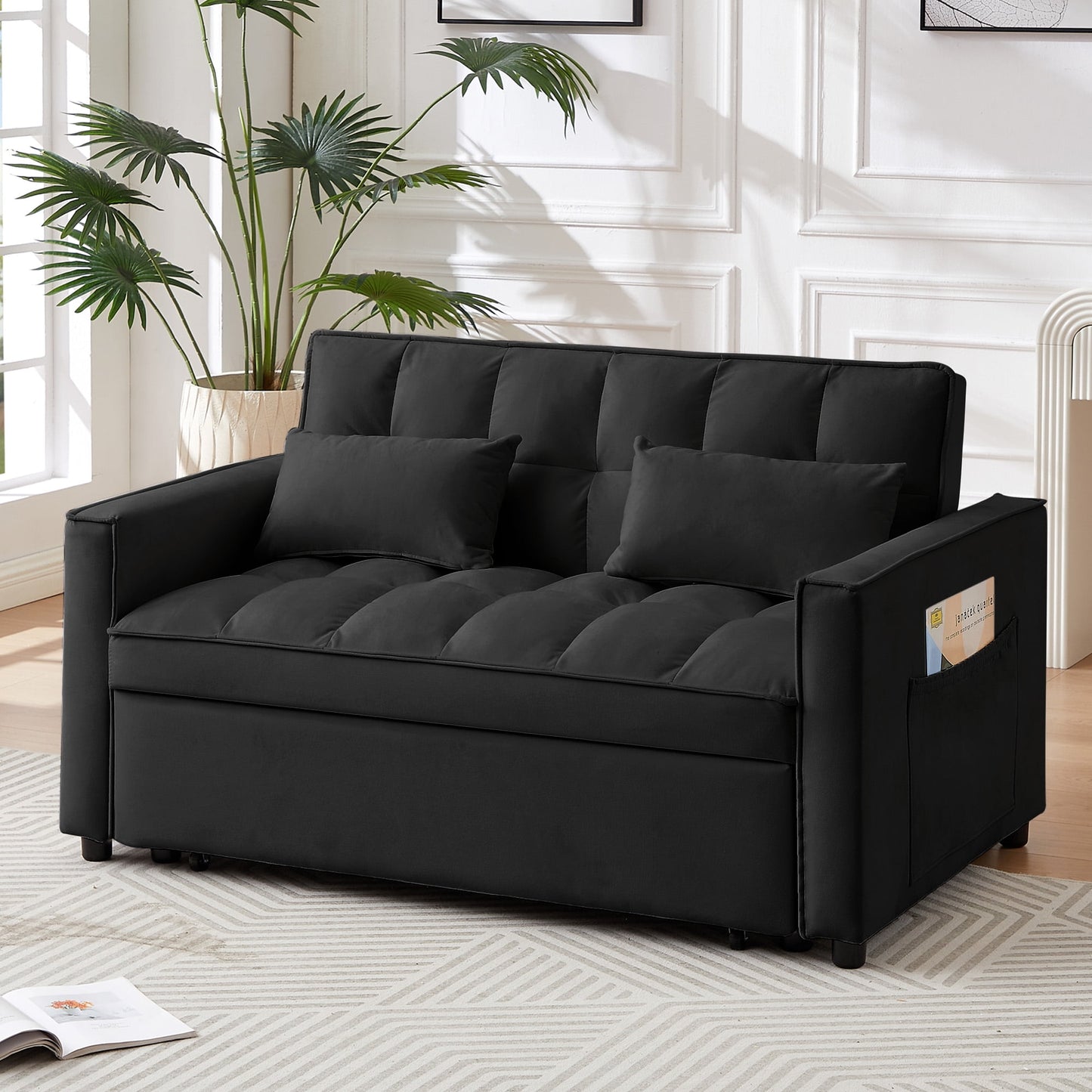 Lunale 55" Convertible Loveseat Sleeper, Tufted Pull Out Sofa Bed for Living Room, Black Velvet