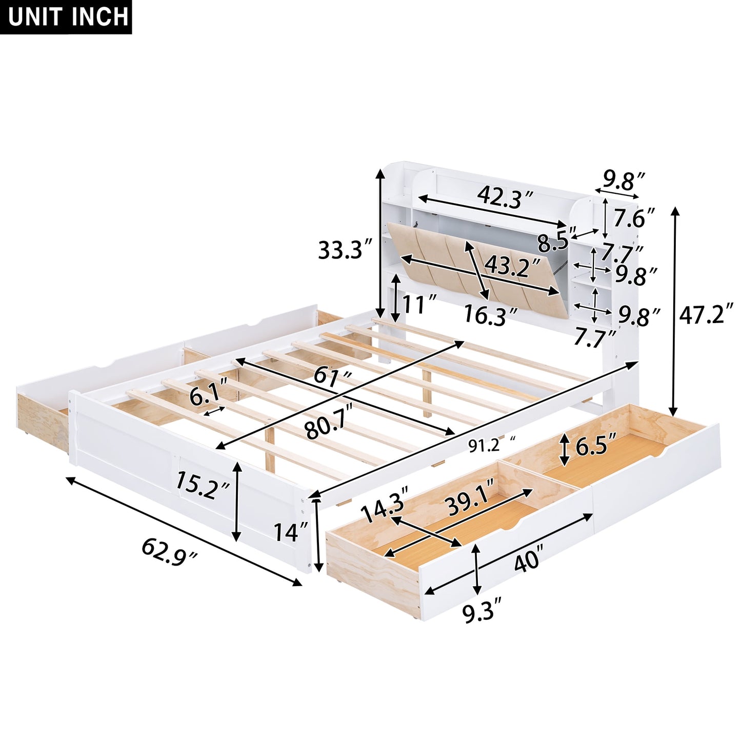 EUROCO Upholstered Queen Bed, Wood Platform Bed with Shelves and Drawers for Adults, Heavy Duty for Bedroom,Guests Room,White