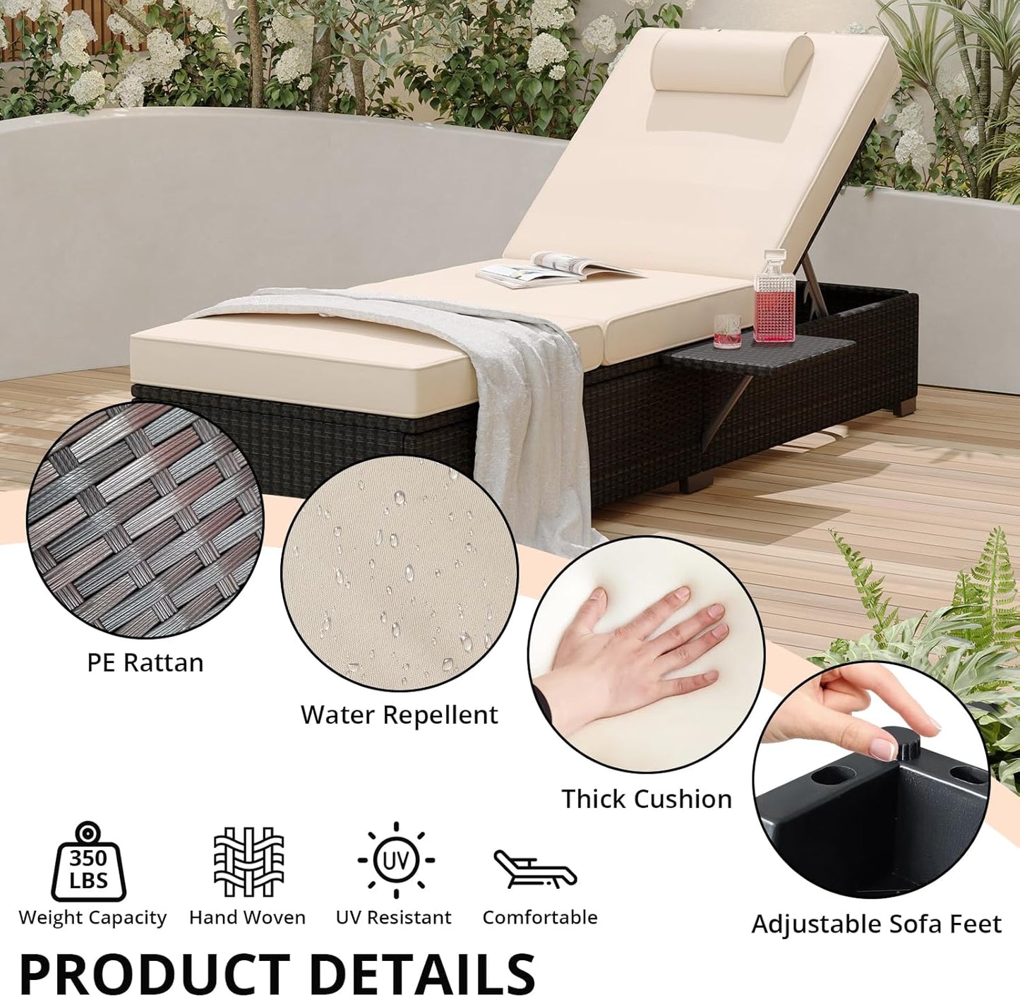 Patio Lounge Chairs,Outdoor PE Wicker Chaise Lounge Set of 2,Chaise Lounge Chair Outdoor,Pool Furniture,Brown Rattan Recliners with Adjustable Backrest,Storage Table,Beige