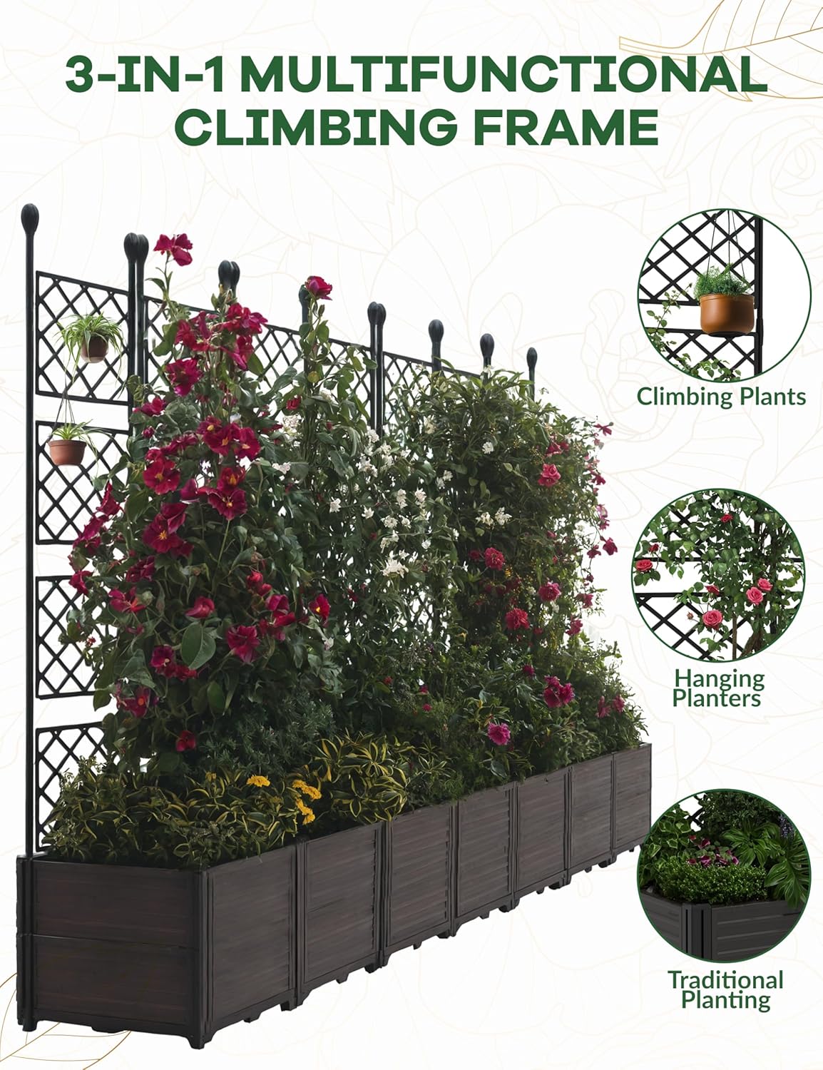 7 PCS Plastic Plant Box with Metal Trellis, Raised Garden Bed with Trellis Planter for Climbing Plant Outdoor Raised Privacy Screen for Patio Balcony,Planter Box for Backyard Patio
