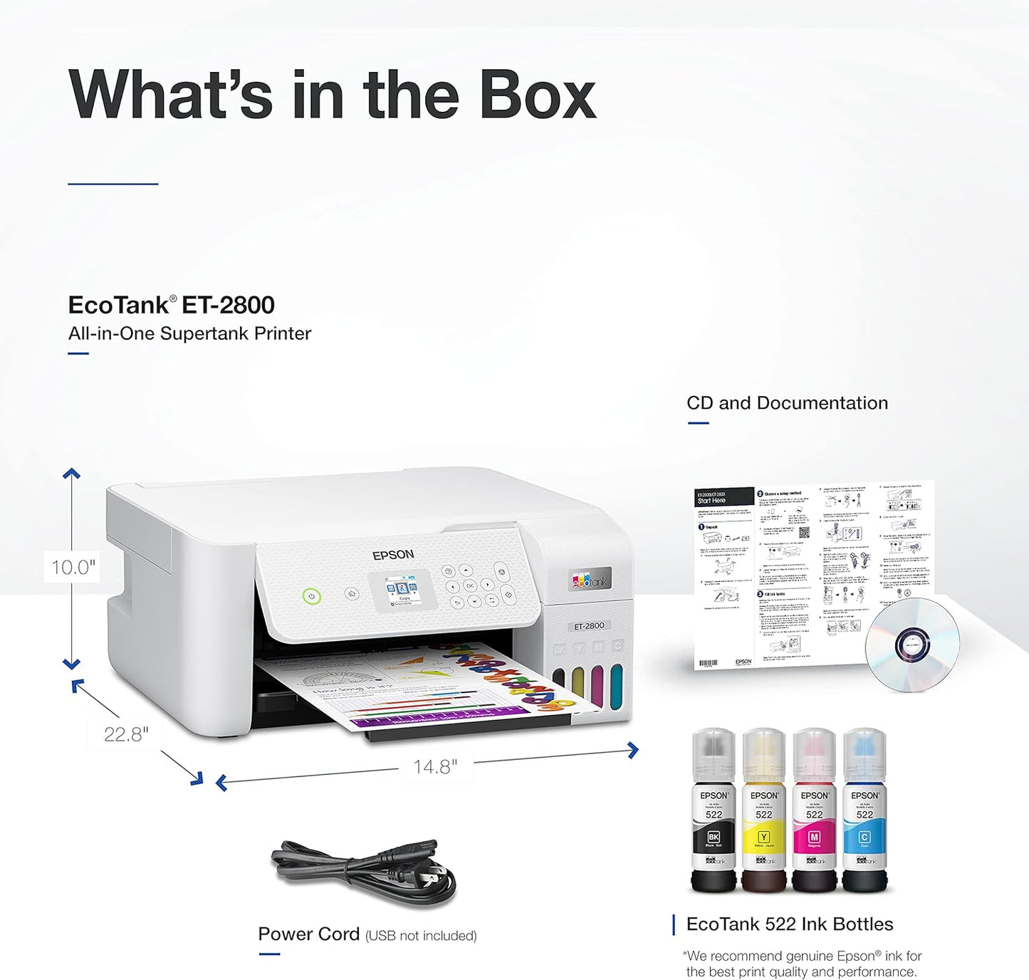 Epson EcoTank ET-2800 Wireless Color All-in-One Cartridge-Free Supertank Printer with Scan The Ideal Basic Home Printer - White, Medium