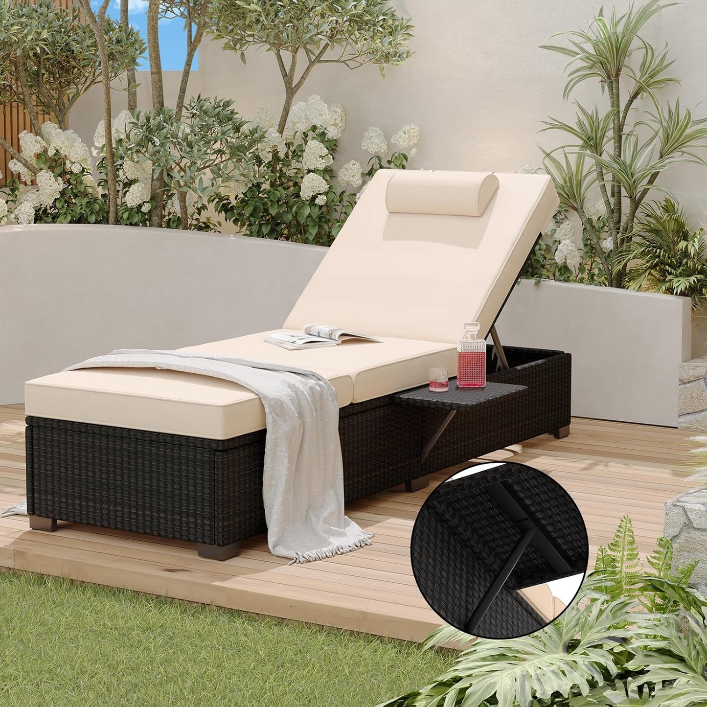Patio Lounge Chairs,Outdoor PE Wicker Chaise Lounge Set of 2,Chaise Lounge Chair Outdoor,Pool Furniture,Brown Rattan Recliners with Adjustable Backrest,Storage Table,Beige