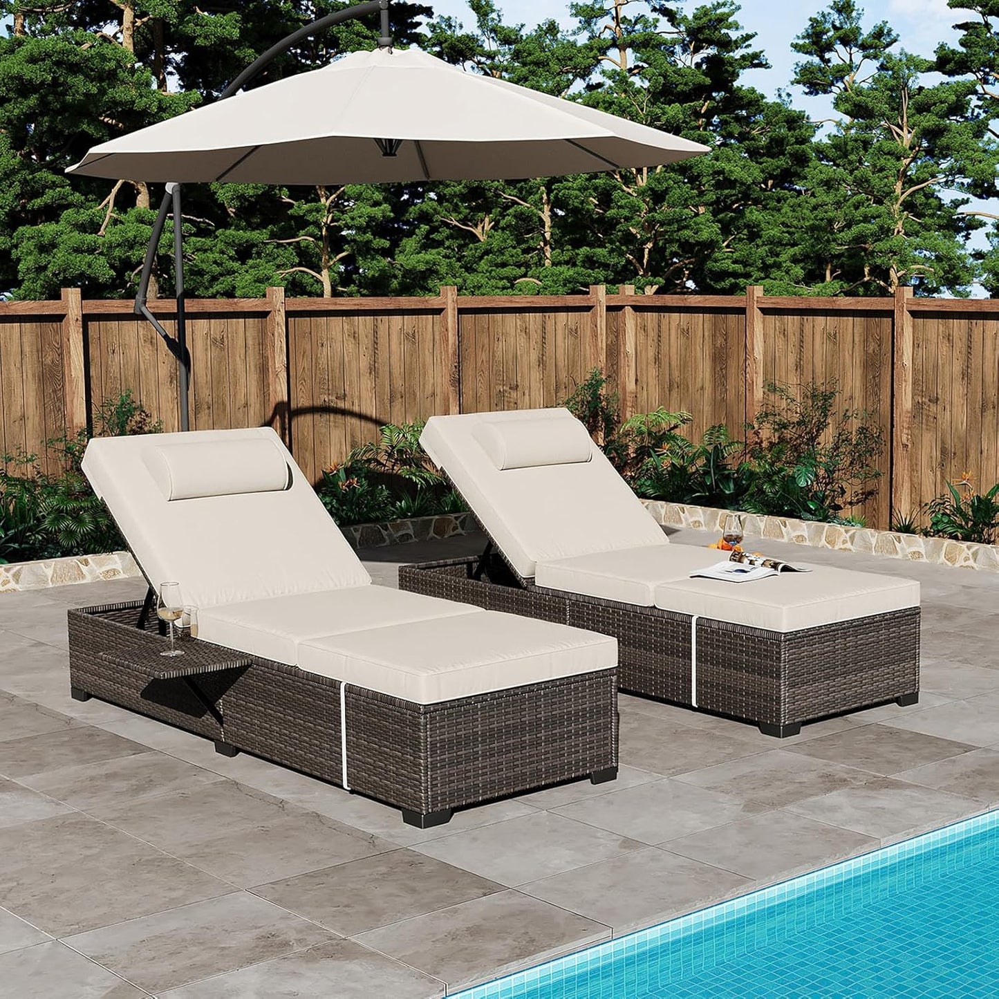 Pool Lounge Chairs Outdoor Set of 2, PE Wicker Rattan Chaise Lounge Chair with 5-Position Adjustable Backrest, 2 Pieces Outdoor Lounge Chair Recliner with Cushions for Patio Beach Deck Backyard, Beige