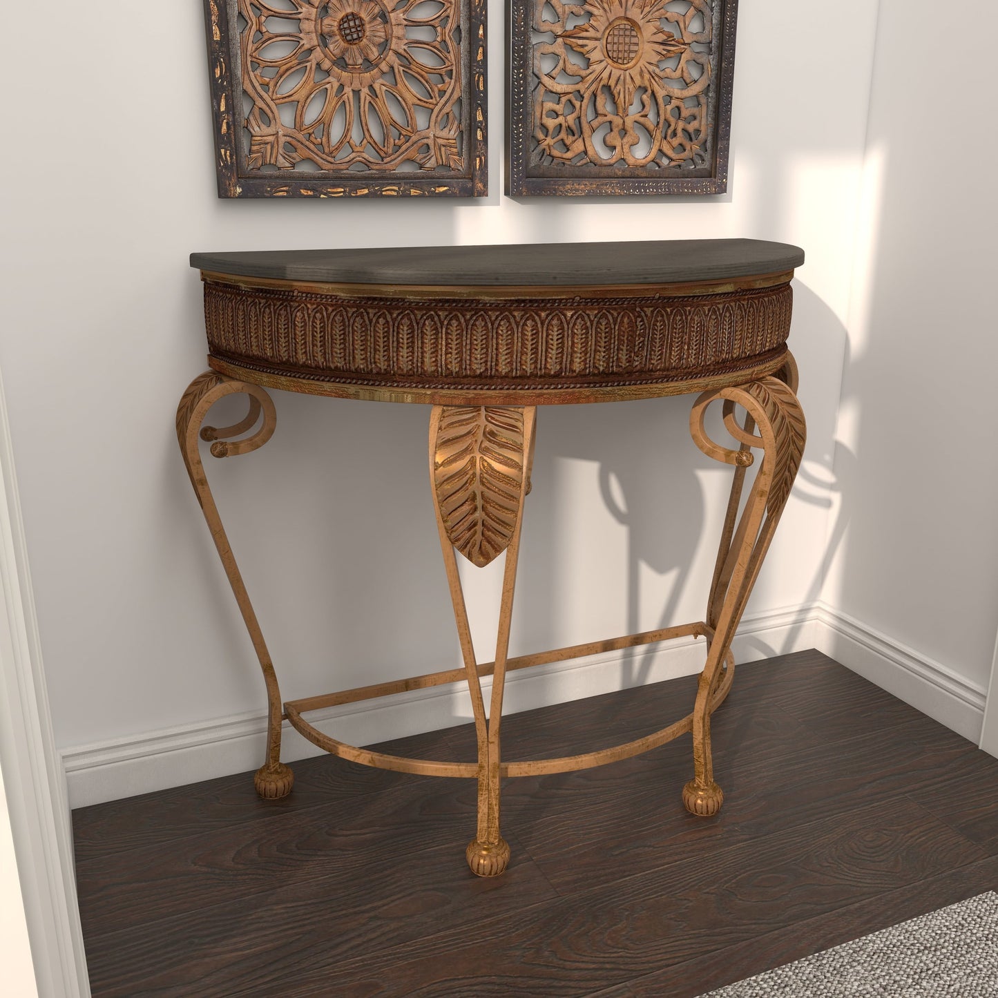 DecMode 41" x 33" Gold Metal Embossed Leaf Console Table with Ornate Scroll Legs, 1-Piece