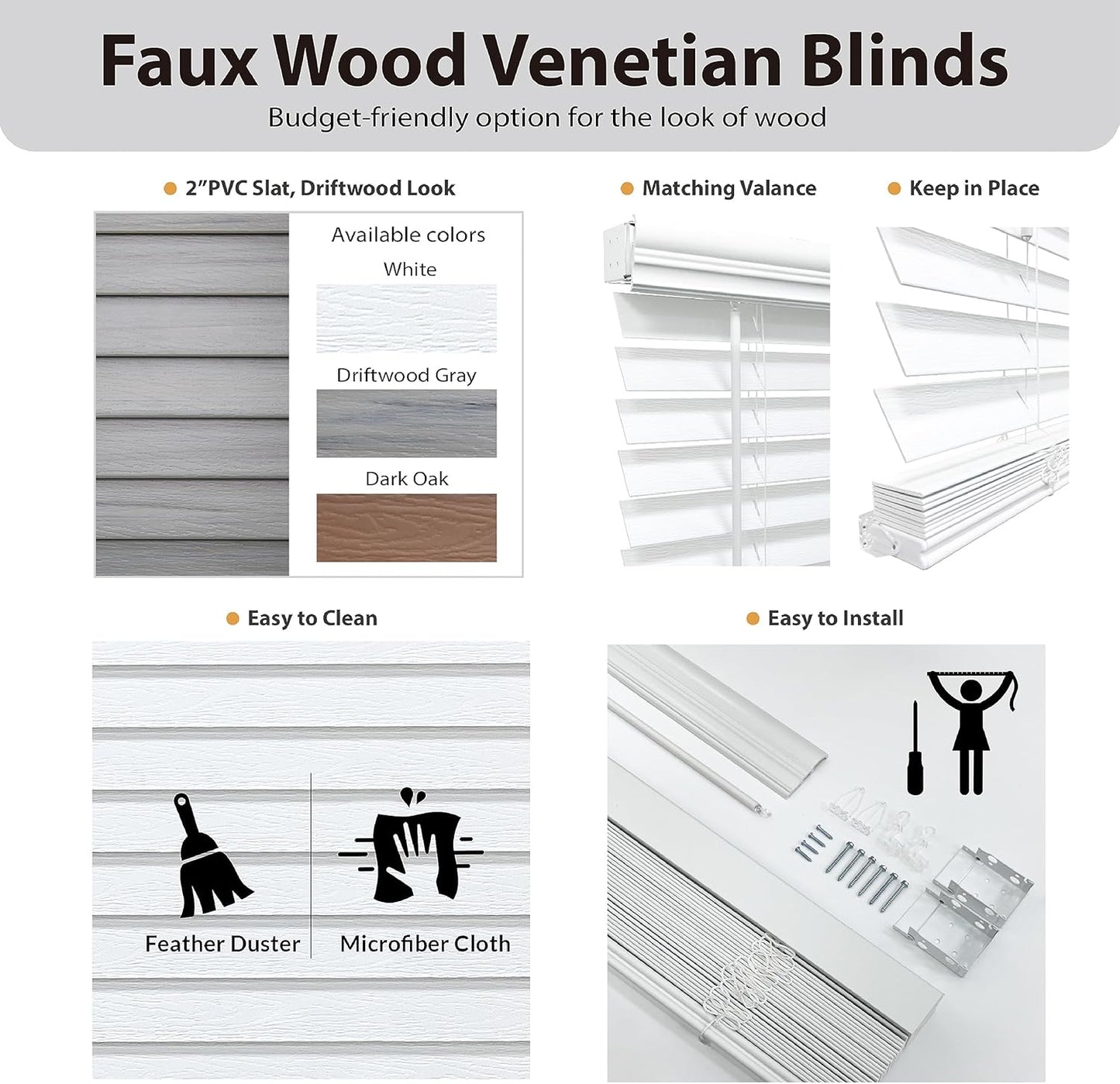 DEZ FURNISHINGS Cordless 2" Faux Wood Blind, 68" W x 48" H, White