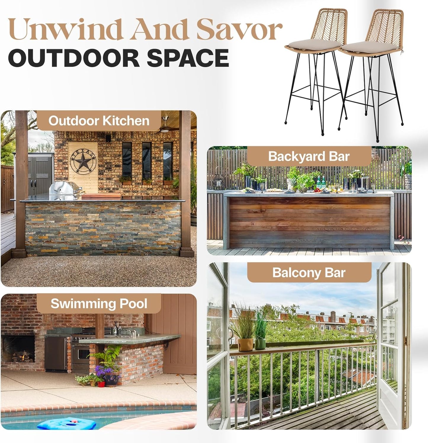 IDZO 400lbs Capacity Rattan Bar Stools Set of 2, 29-Inch Height, Outdoor & Indoor Use, Comfort Cushion, Solid Steel Frame, Durable Powder Coating, Easy Assembly, Ideal for Kitchen Island & Patio