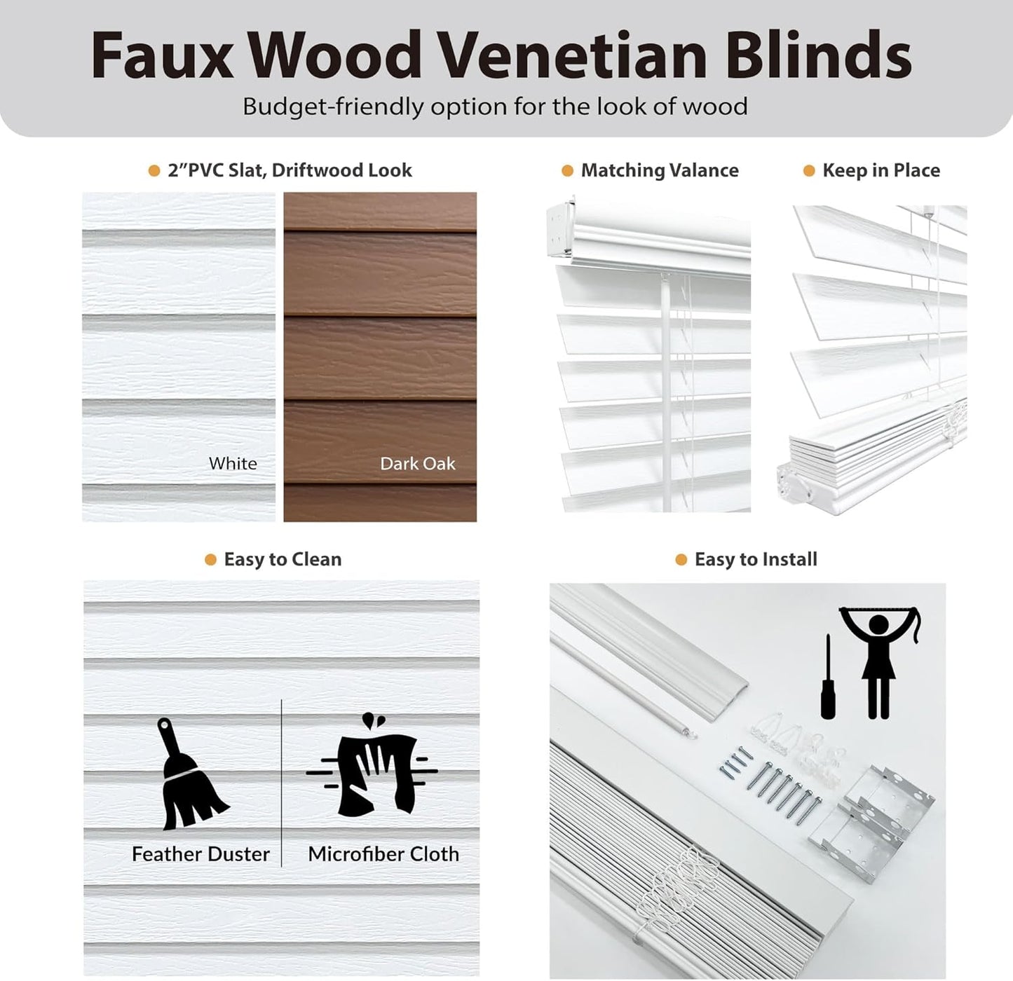 DEZ FURNISHINGS Cordless 2" Signature Faux Wood Blind, 67" W x 48" H, Snow White