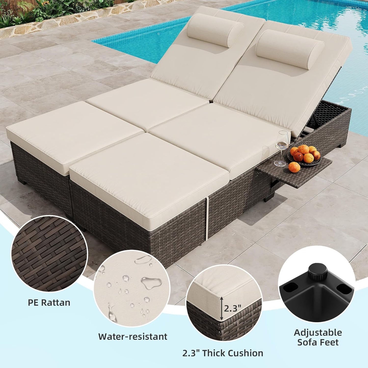 Pool Lounge Chairs Outdoor Set of 2, PE Wicker Rattan Chaise Lounge Chair with 5-Position Adjustable Backrest, 2 Pieces Outdoor Lounge Chair Recliner with Cushions for Patio Beach Deck Backyard, Beige