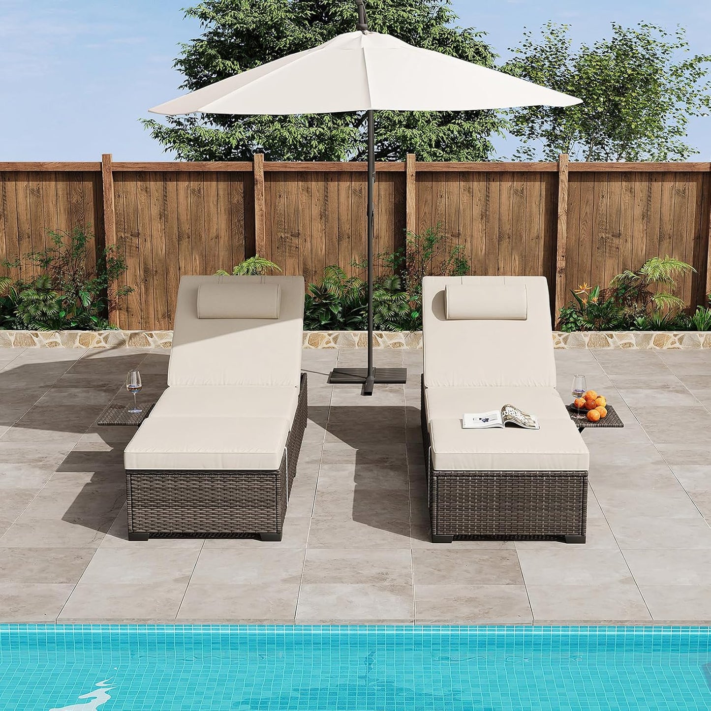 Pool Lounge Chairs Outdoor Set of 2, PE Wicker Rattan Chaise Lounge Chair with 5-Position Adjustable Backrest, 2 Pieces Outdoor Lounge Chair Recliner with Cushions for Patio Beach Deck Backyard, Beige