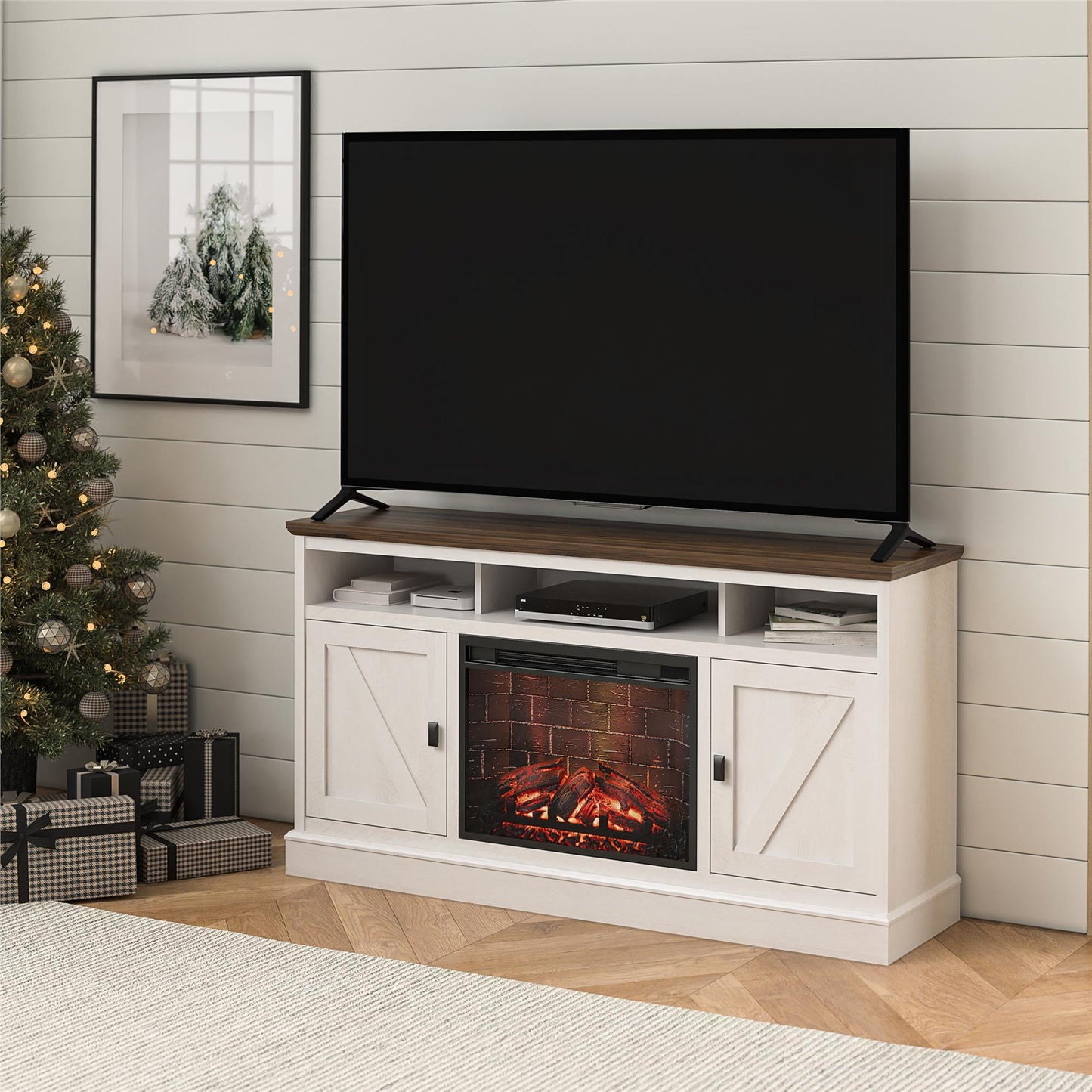 Ameriwood Home Ashton Lane Electric Fireplace TV Stand for TVs up to 65", Magnolia Oak/Columbia Walnut