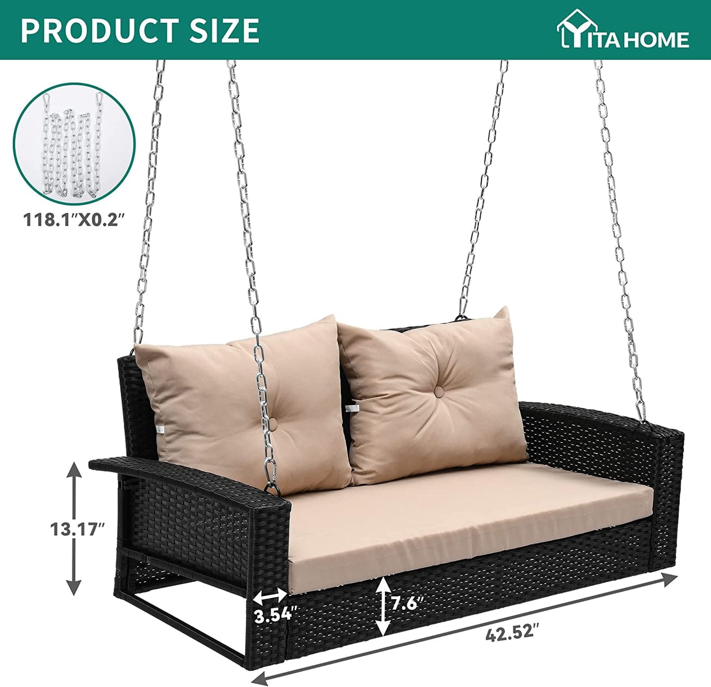 Dextrus 2-Seats Wicker Hanging Porch Swing Chair Outdoor Black Rattan Patio Swing Lounge w/ 2 Back Cushions Capacity 770lbs for Garden, Balcony, Living Room, Beige