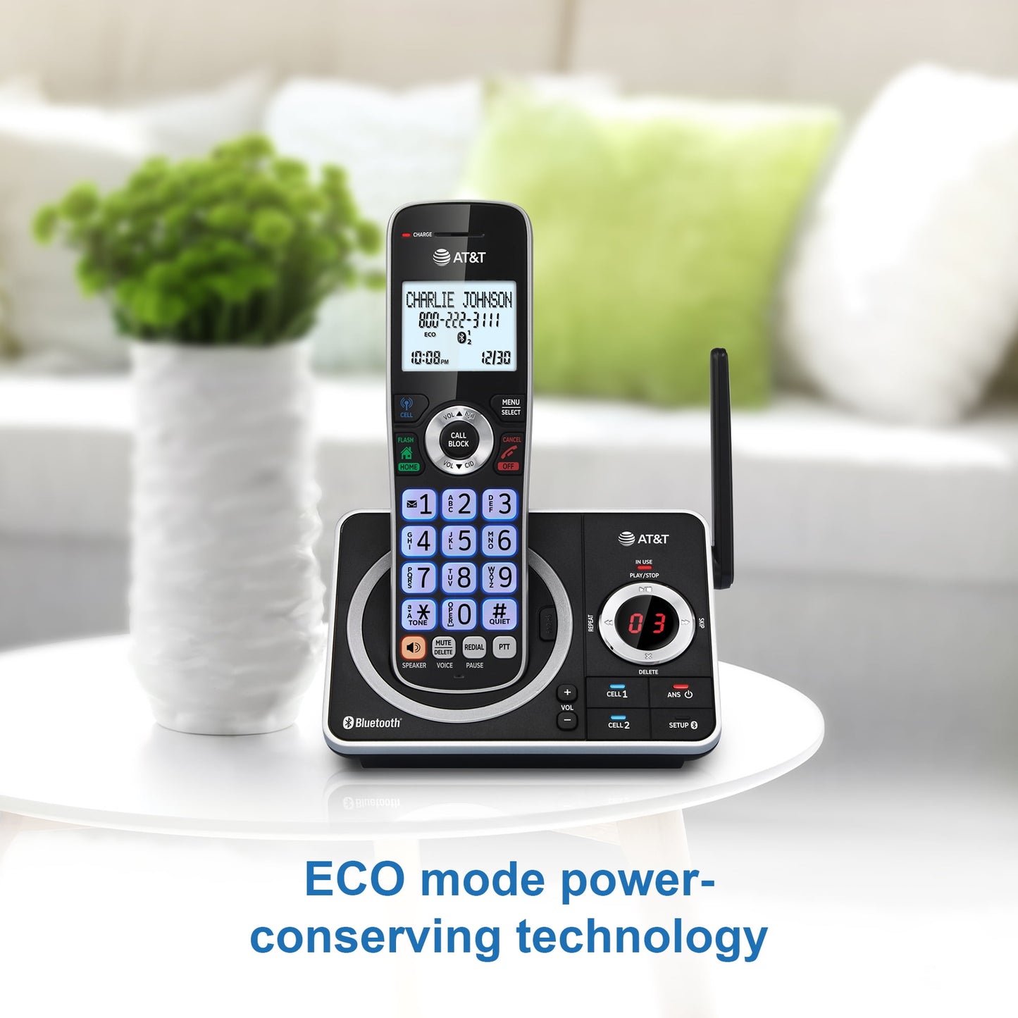 AT&T 2-Handset Expandable Cordless Phone with Unsurpassed Range, Bluetooth Connect to Cell, Smart Call Blocker and Answering System, DLP72212 (Black)