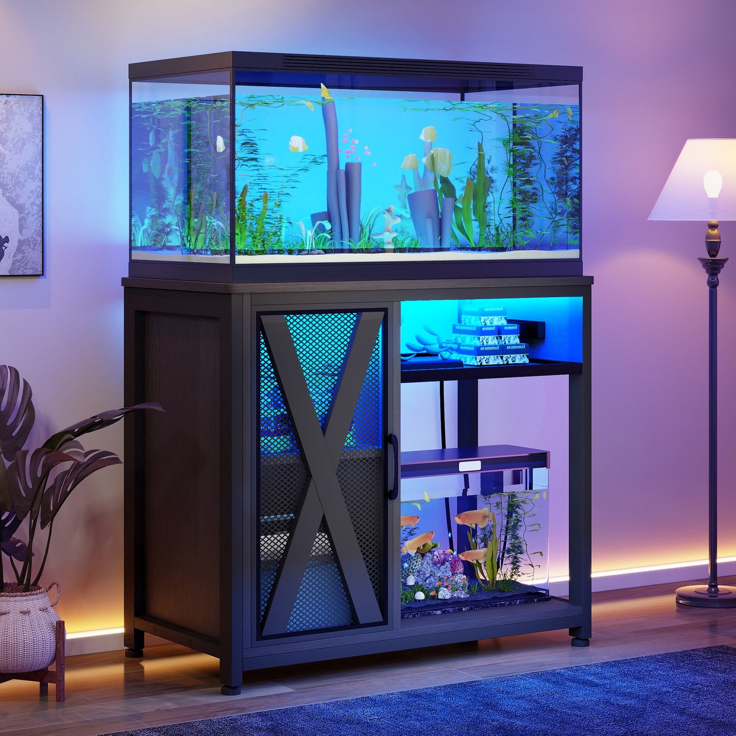 Uforic 40-50 Gallon Aquarium Stand with LED Light, Power Outlets & 3-Tier Storage, Black Metal