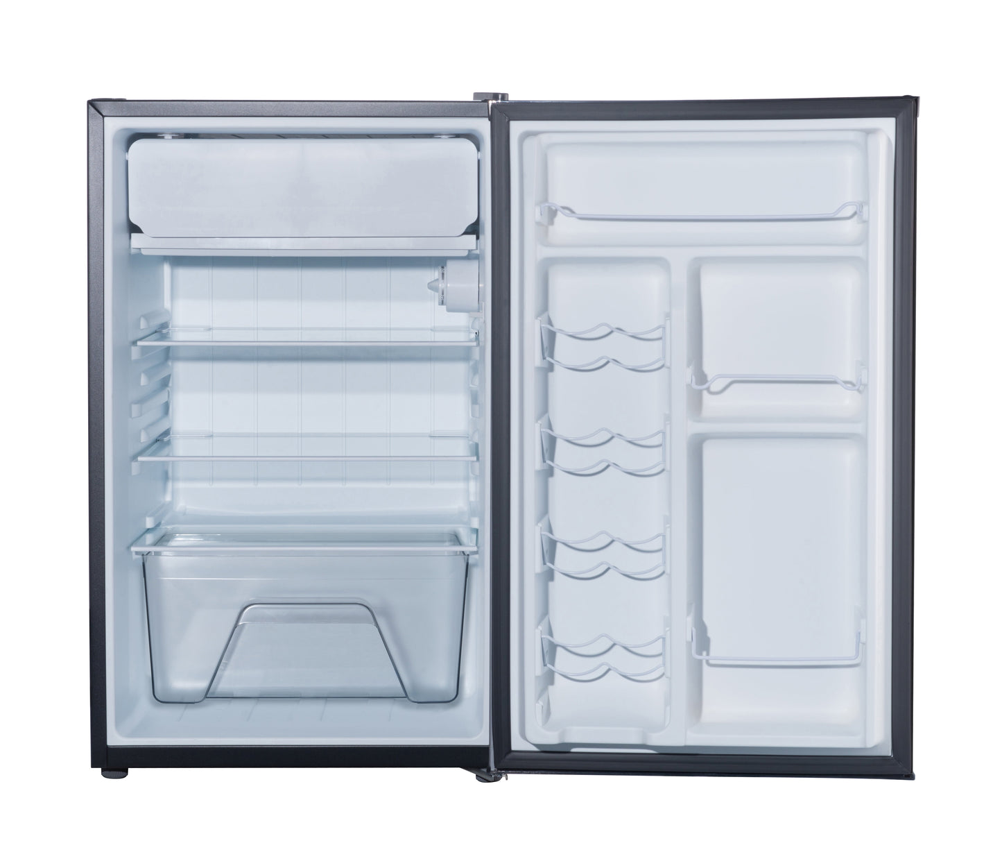 Galanz 4.3 Cu ft Single Door Mini Fridge, Stainless Steel Look, New, Width 19.12"