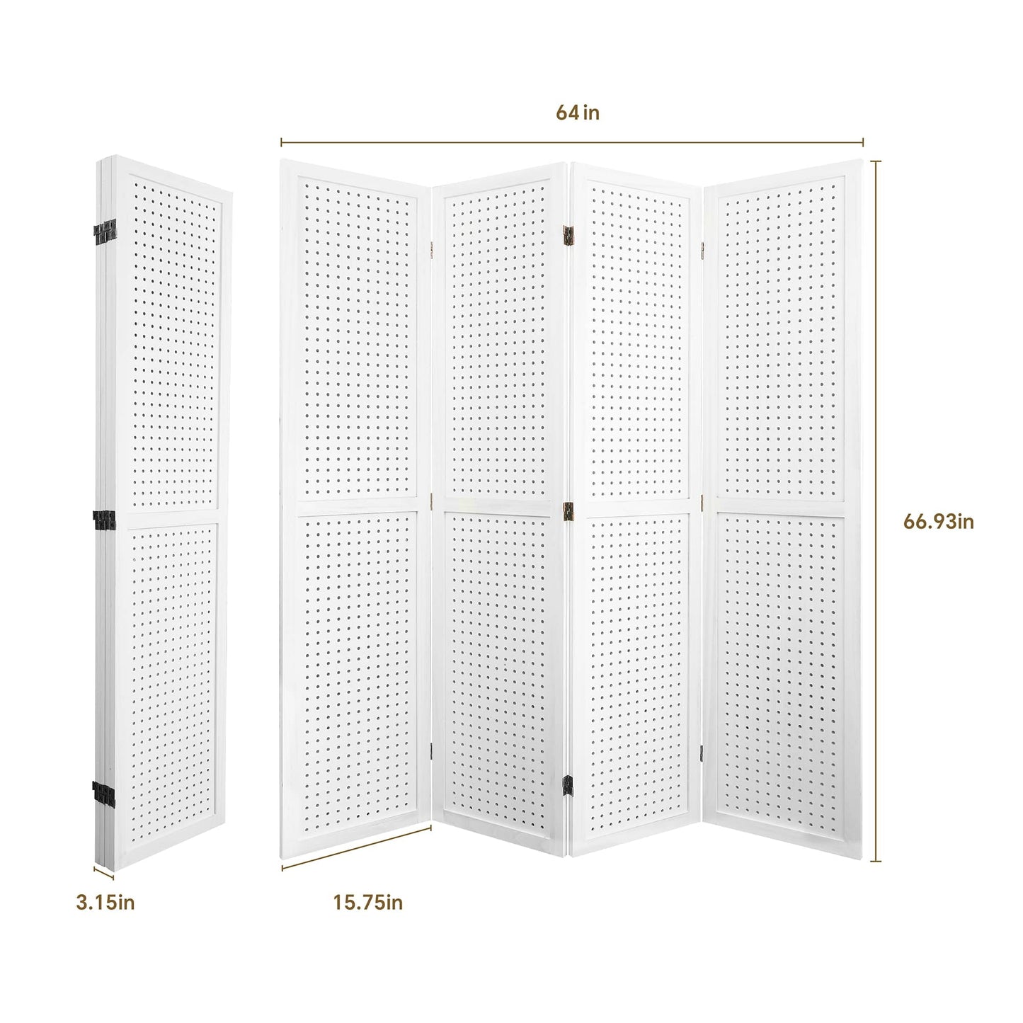 Dovelina 4 Panel Freestanding Room Divider, 5.6Ft Wooden Privacy Screen with Shelves, White