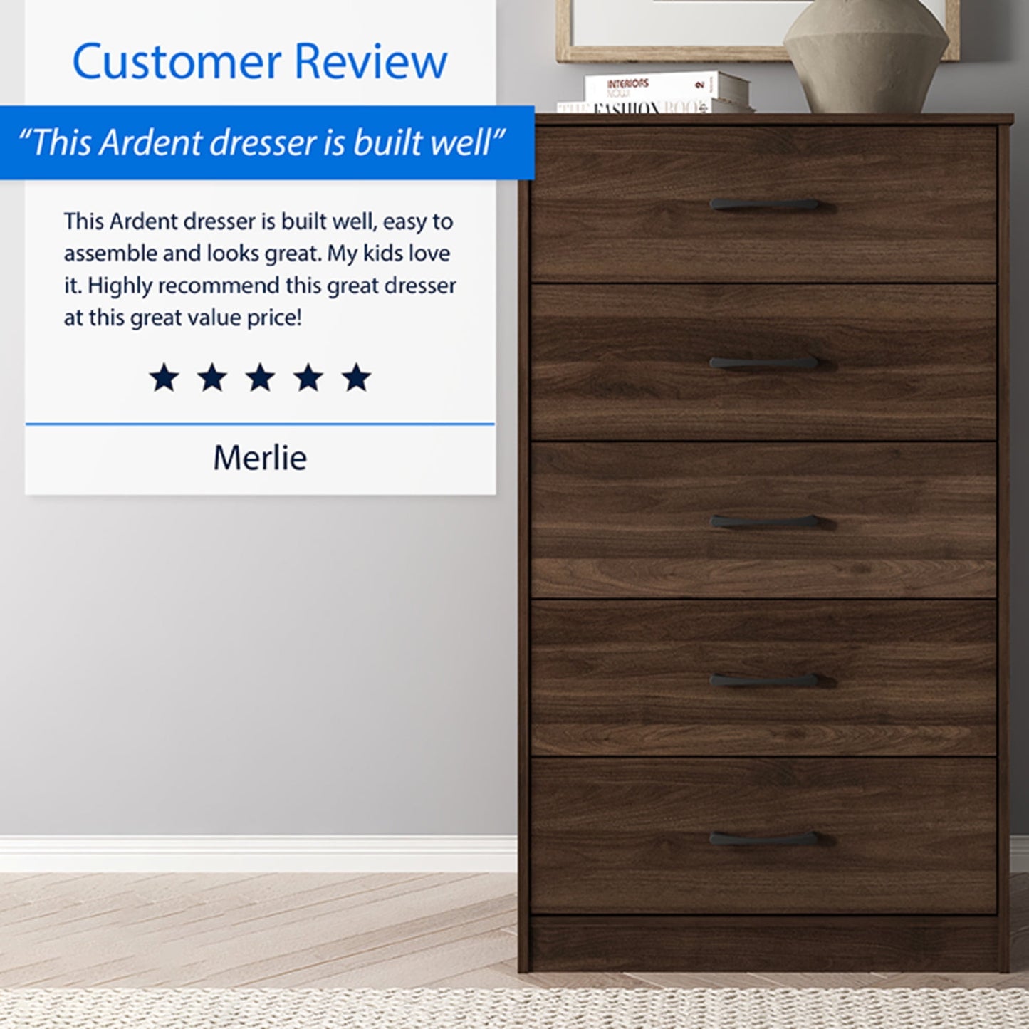Mainstays Ardent 5 Drawer Dresser, Dark Walnut