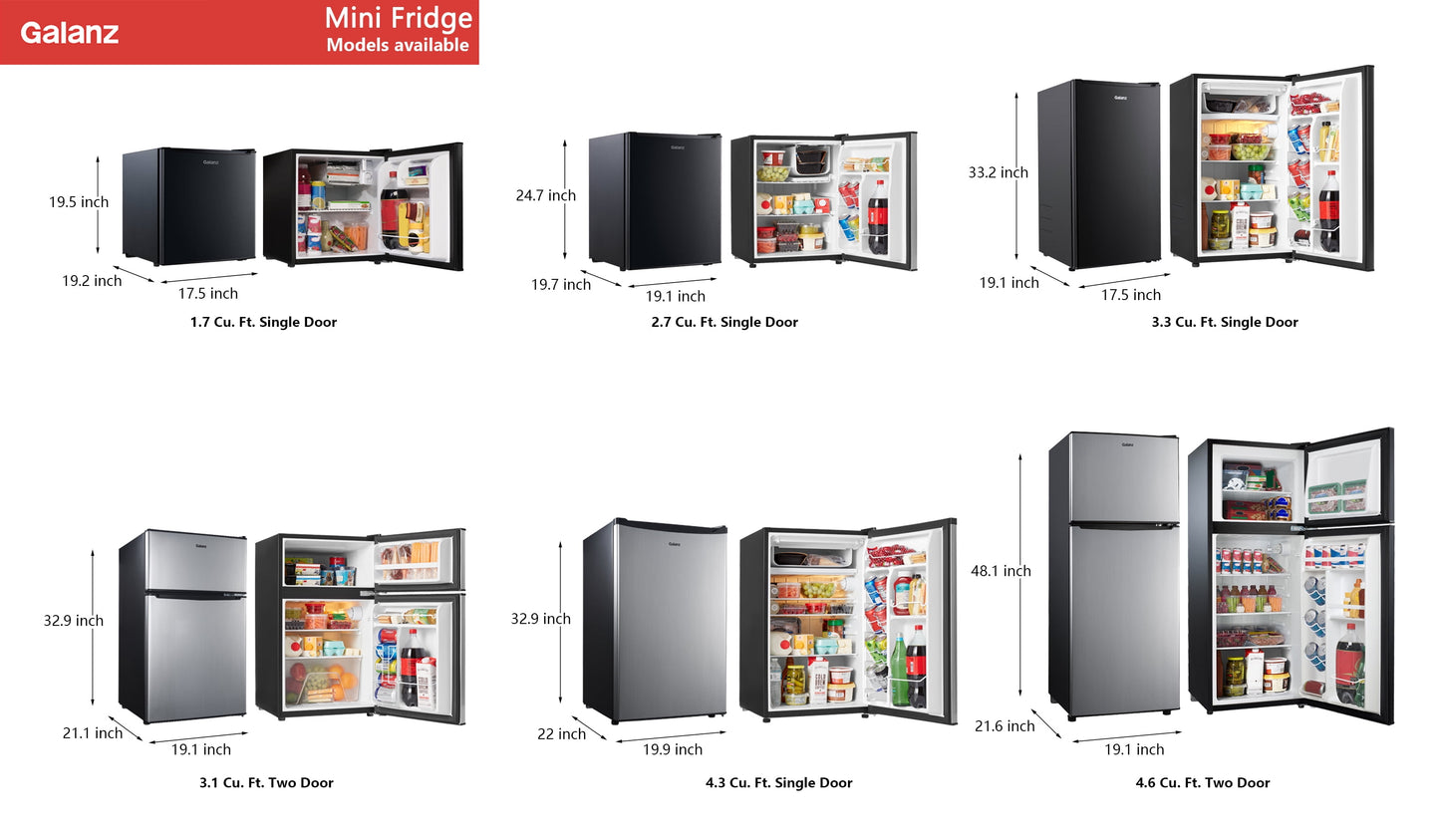 Galanz 4.6. Cu ft Two Door Mini Refrigerator with Freezer, Stainless Steel, New, Width 19.13"