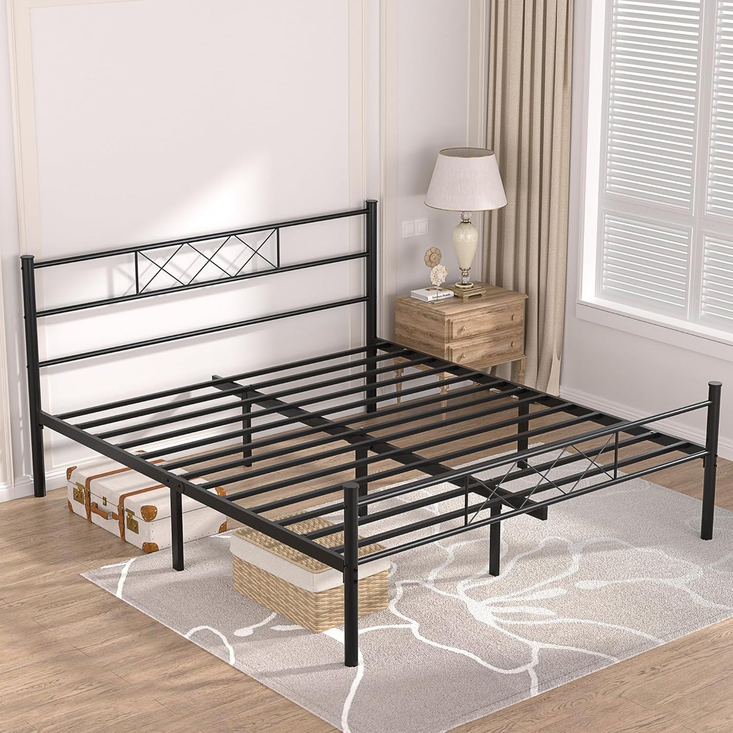 VECELO Queen Size Bed Frame with Headboard, Heavy-Duty Platform with Strong Metal Slats, No Box Spring Needed, Easy Assembly, Matte & Black