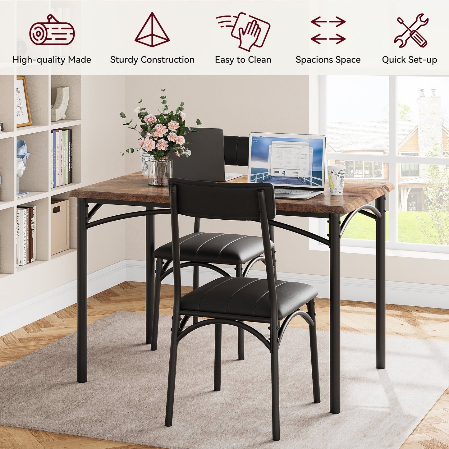 Wpond 5-Piece Dining Table Set, Rustic Brown Steel Frame with 4 Cushioned Chairs, Kitchen
