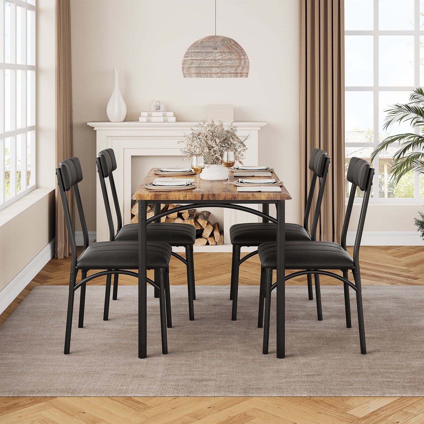 Wpond 5-Piece Dining Table Set, Rustic Brown Steel Frame with 4 Cushioned Chairs, Kitchen