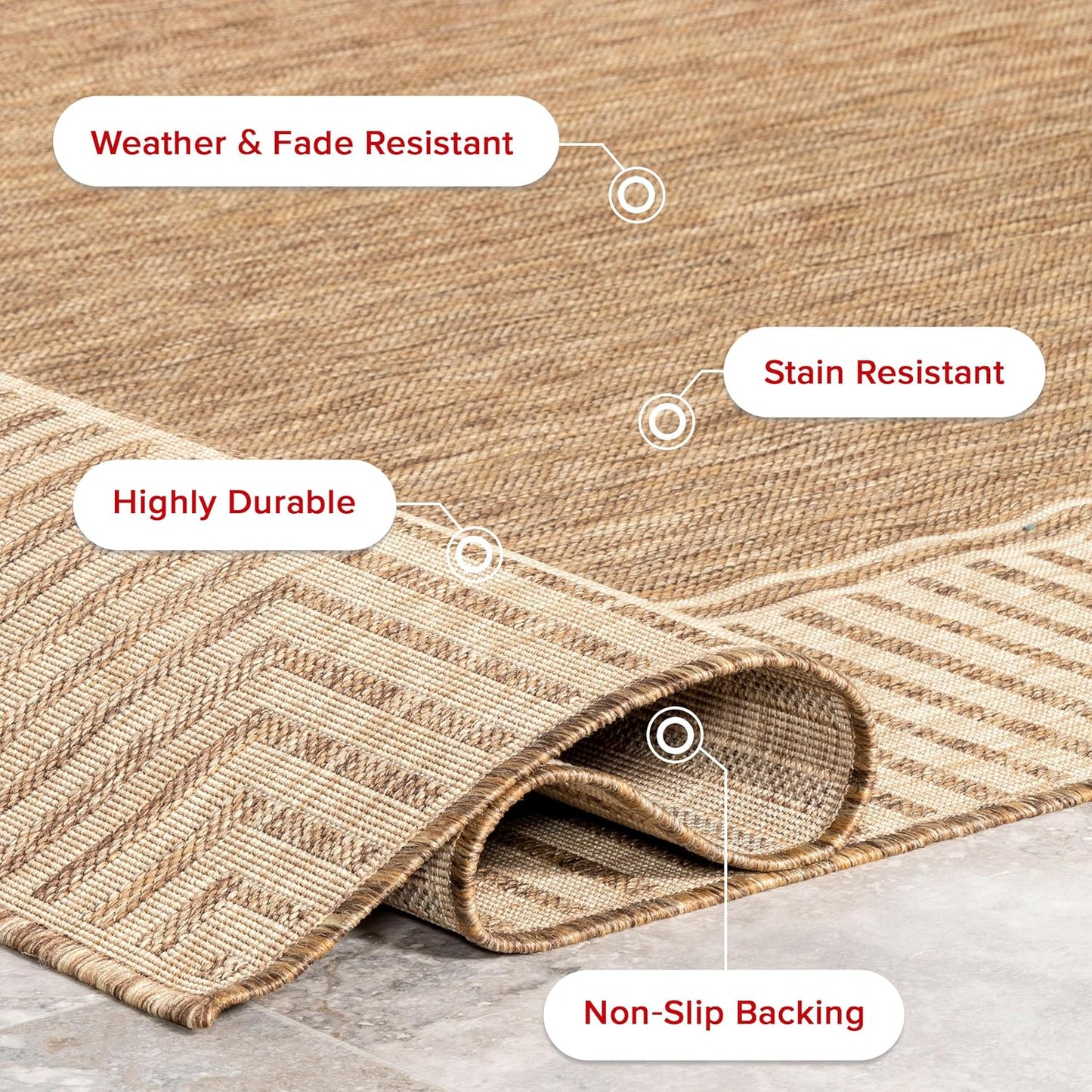 nuLOOM 7" x 9' Outdoor Area Rug, Casual Design With Striped Border, Stain Resistant, Highly Durable, For Patio, Balcony, Bedroom, Living Room, Dining Room, Bathroom, Light Brown