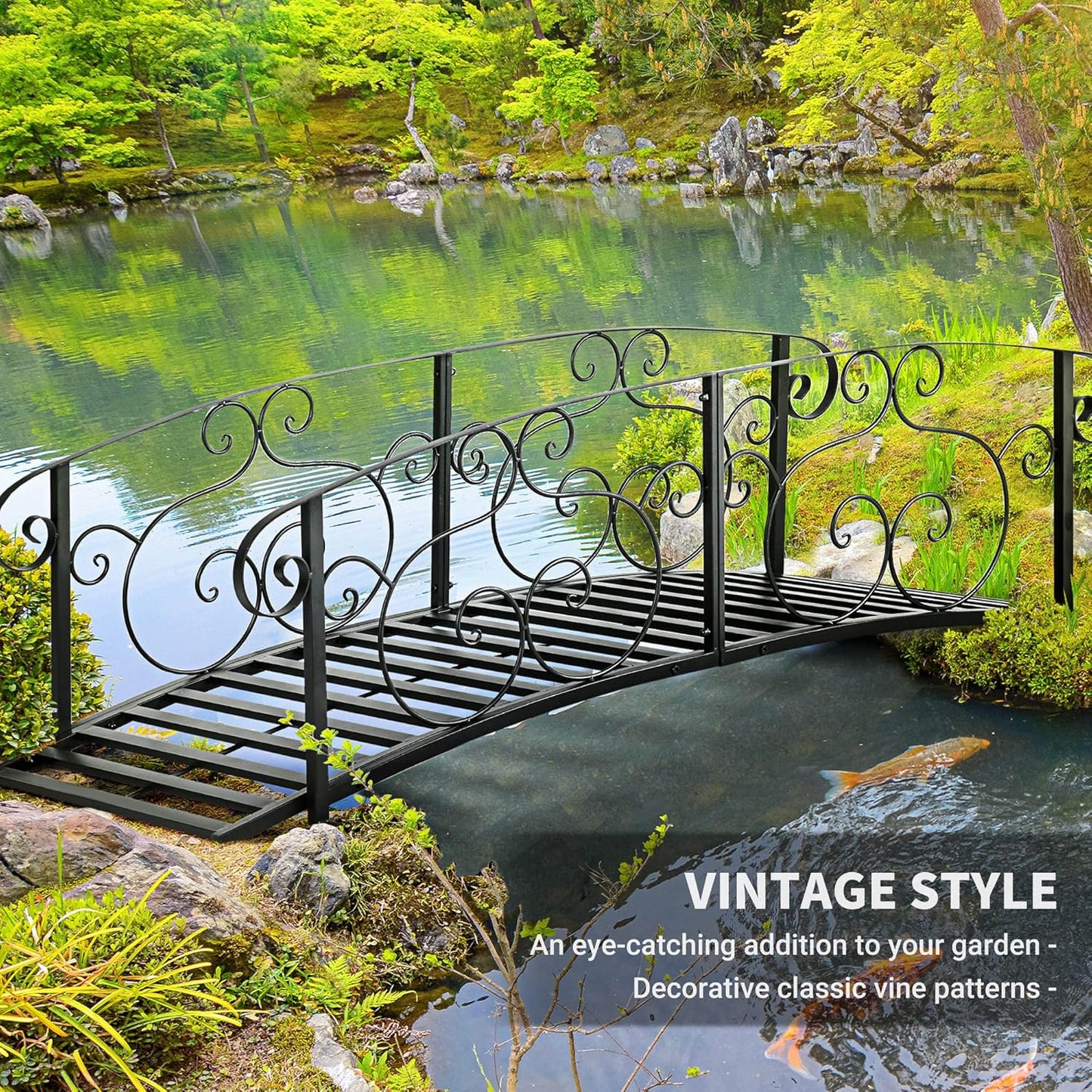 Outsunny 6' Metal Arch Backyard Garden Bridge, Safety Siderails, Arc Footbridge for Backyard Creek, Stream, Pond, Black