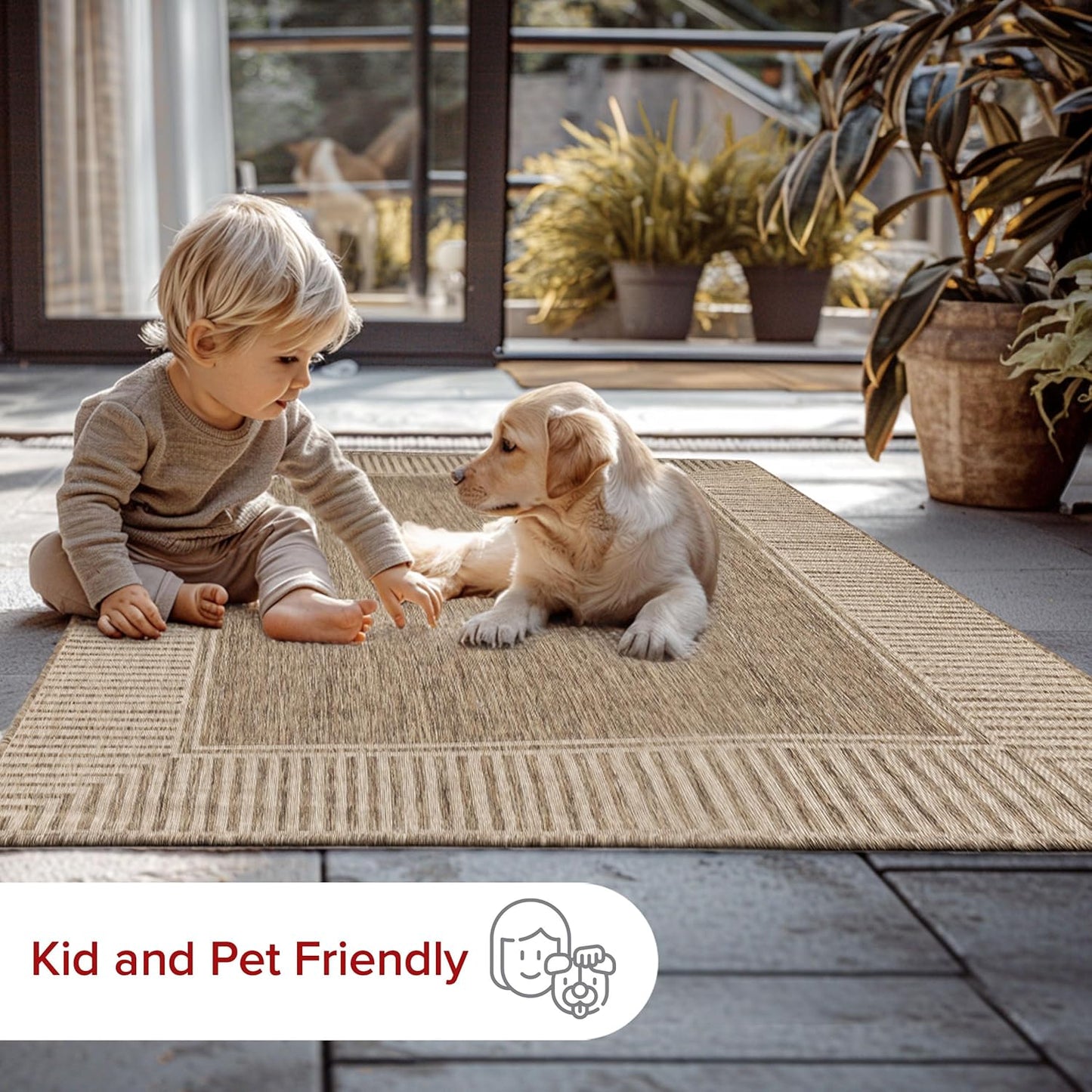 nuLOOM 7" x 9' Outdoor Area Rug, Casual Design With Striped Border, Stain Resistant, Highly Durable, For Patio, Balcony, Bedroom, Living Room, Dining Room, Bathroom, Light Brown