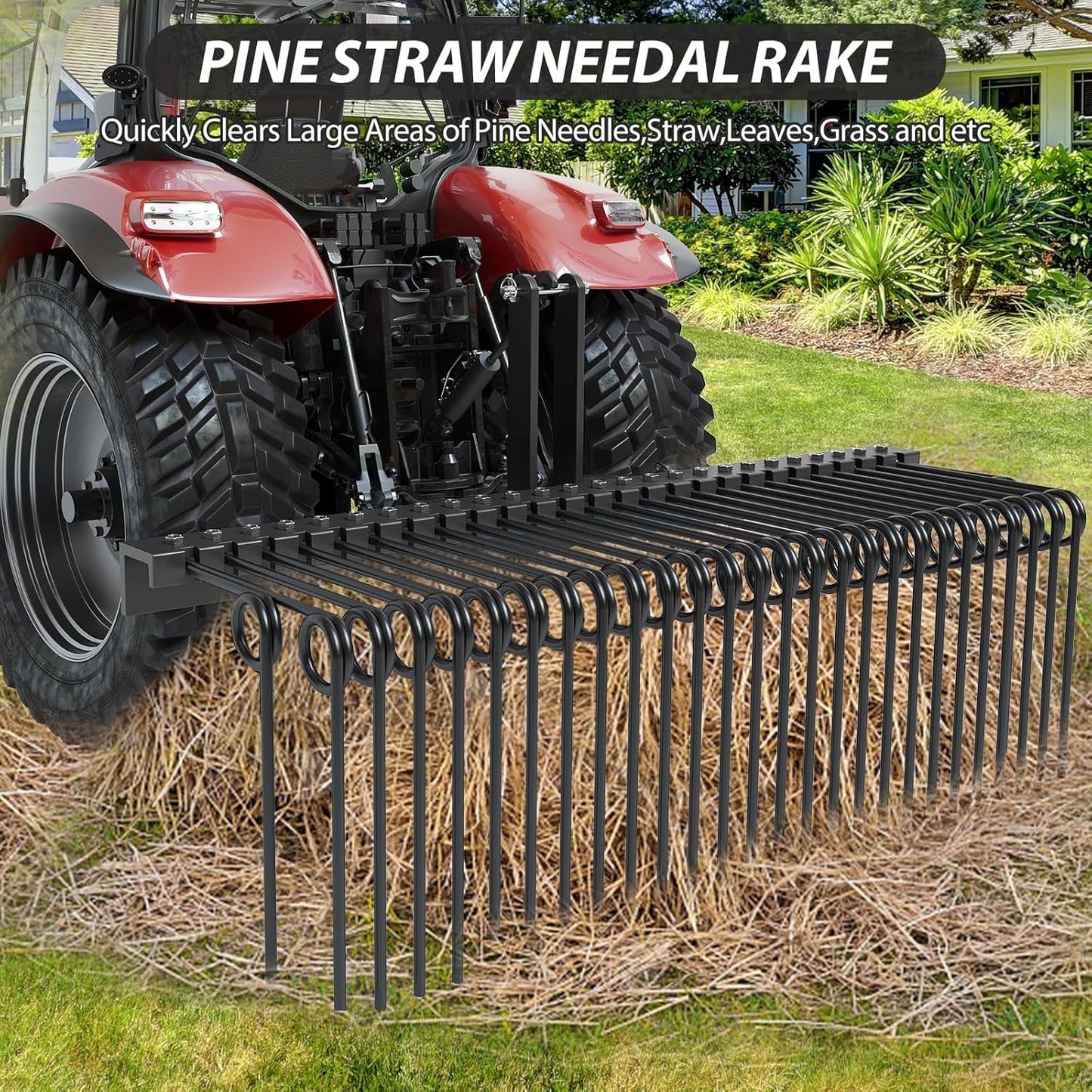 72 Inch Pine Straw Needle Rake, 3 Point Landscape Rake, Powder Coated Steel Spring Tow Behind Rake, Tractor Rake Attachments for Leaves Straw Grass Attach to Cat 0 Cat 1, Black