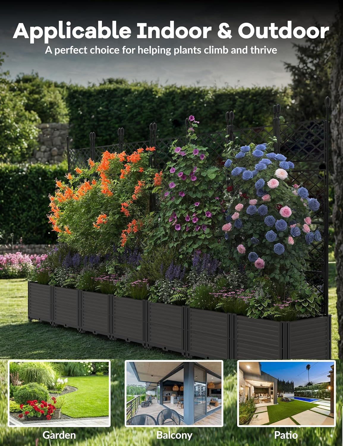 7 PCS Plastic Plant Box with Metal Trellis, Raised Garden Bed with Trellis Planter for Climbing Plant Outdoor Raised Privacy Screen for Patio Balcony,Planter Box for Backyard Patio