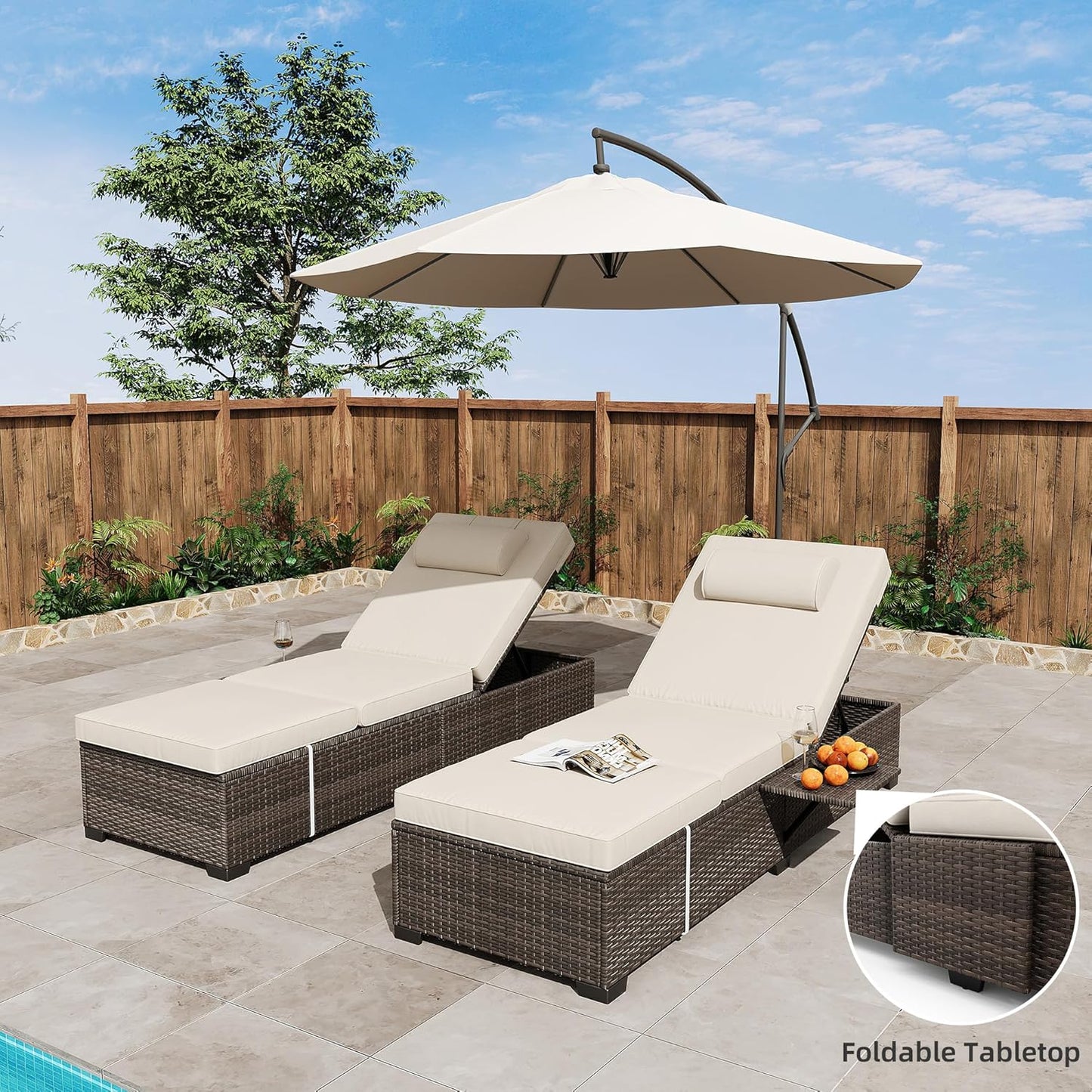 Pool Lounge Chairs Outdoor Set of 2, PE Wicker Rattan Chaise Lounge Chair with 5-Position Adjustable Backrest, 2 Pieces Outdoor Lounge Chair Recliner with Cushions for Patio Beach Deck Backyard, Beige