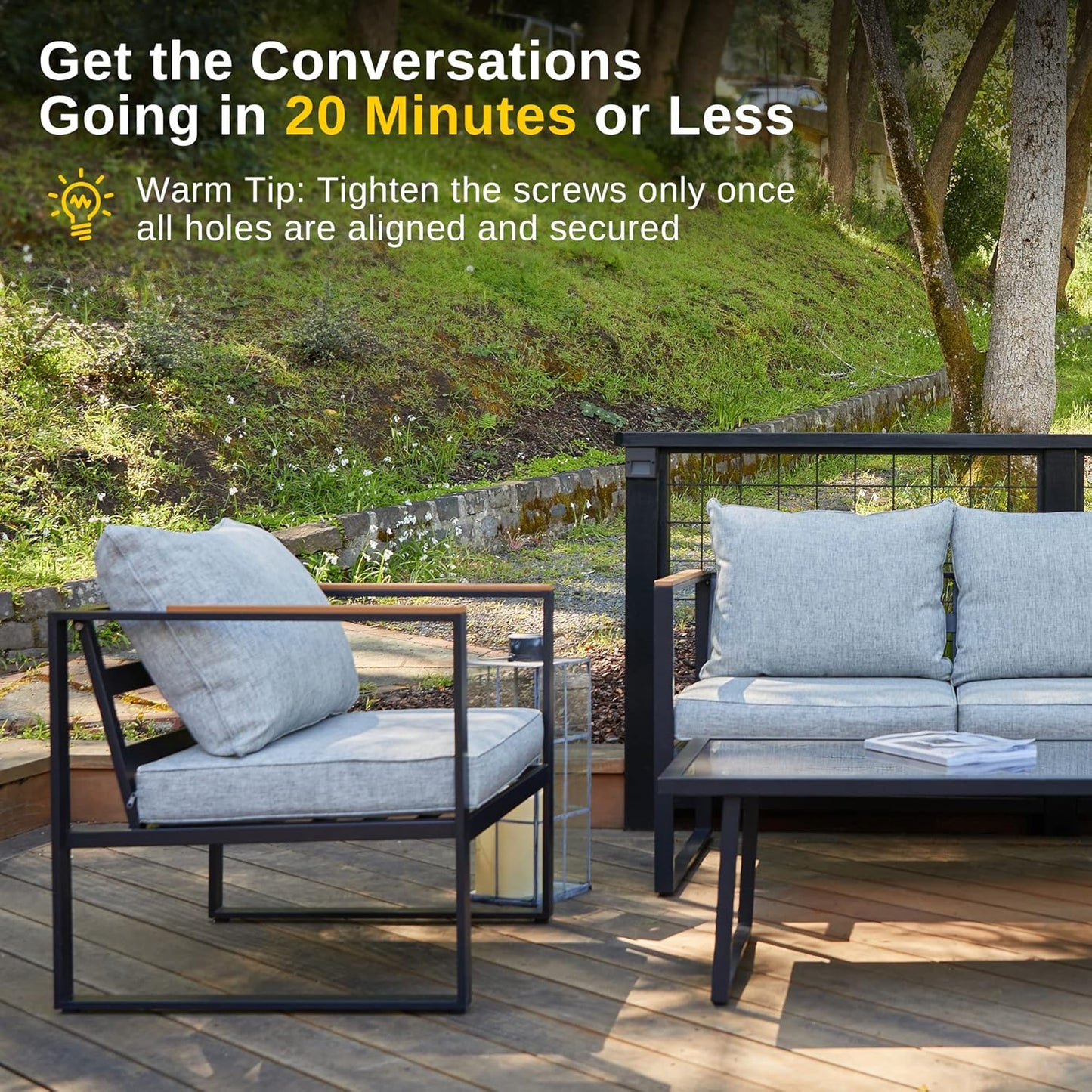 EAST OAK Patio Furniture Set, 4-Piece Outdoor Patio Set with Sofa, Removable & Washable Deep Seating Cushion, Tempered Glass Table, Outside Patio Conversation Sets, 25 Upgraded, Light Gray & Black