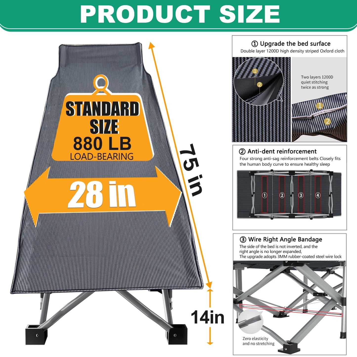 Slsy XL Folding Bed Cot with 3.3 inch 2 Sided Mattress, 75"* 28" Folding Sleeping Cot Guest Bed, Folding Camping Cots with Carry Bag