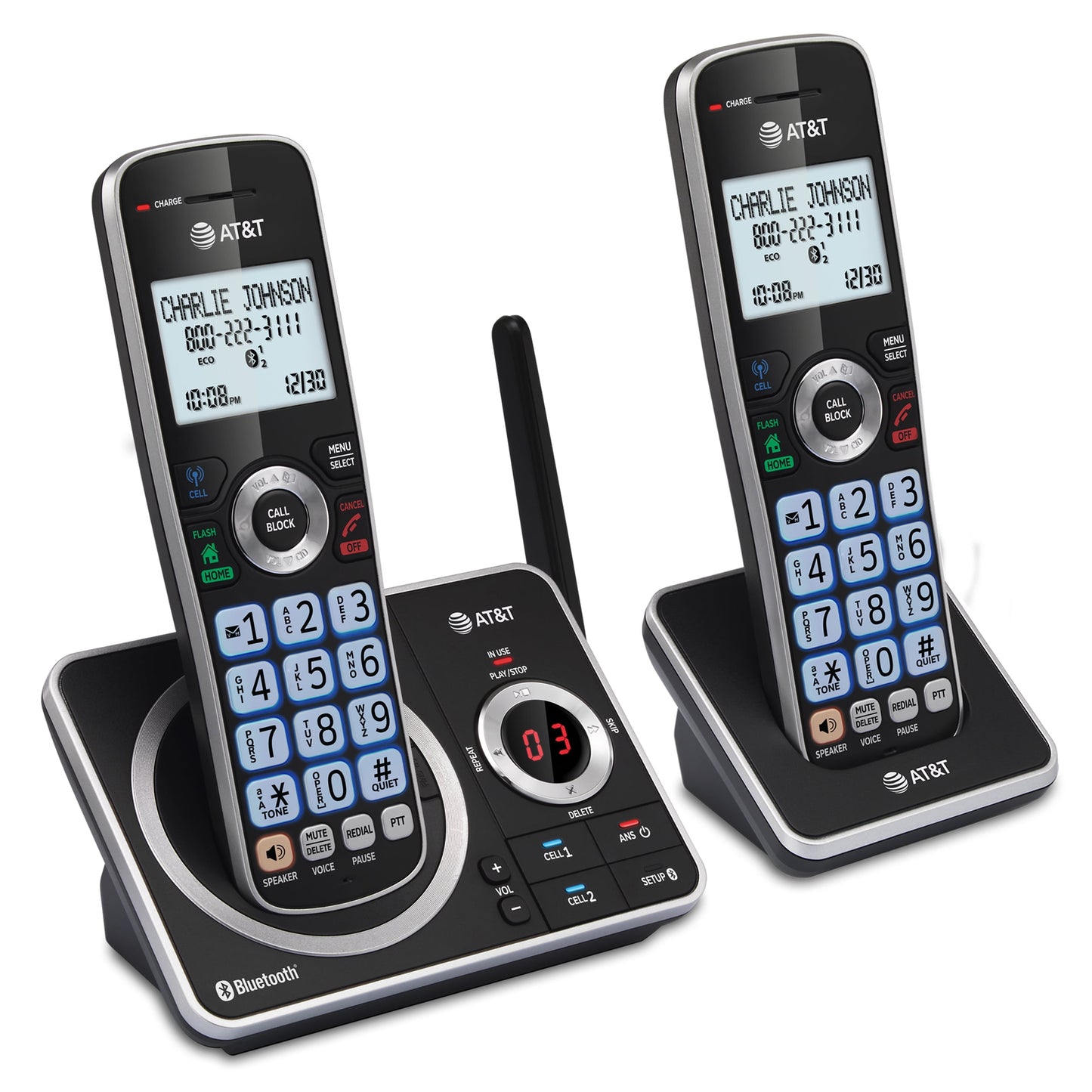 AT&T 2-Handset Expandable Cordless Phone with Unsurpassed Range, Bluetooth Connect to Cell, Smart Call Blocker and Answering System, DLP72212 (Black)