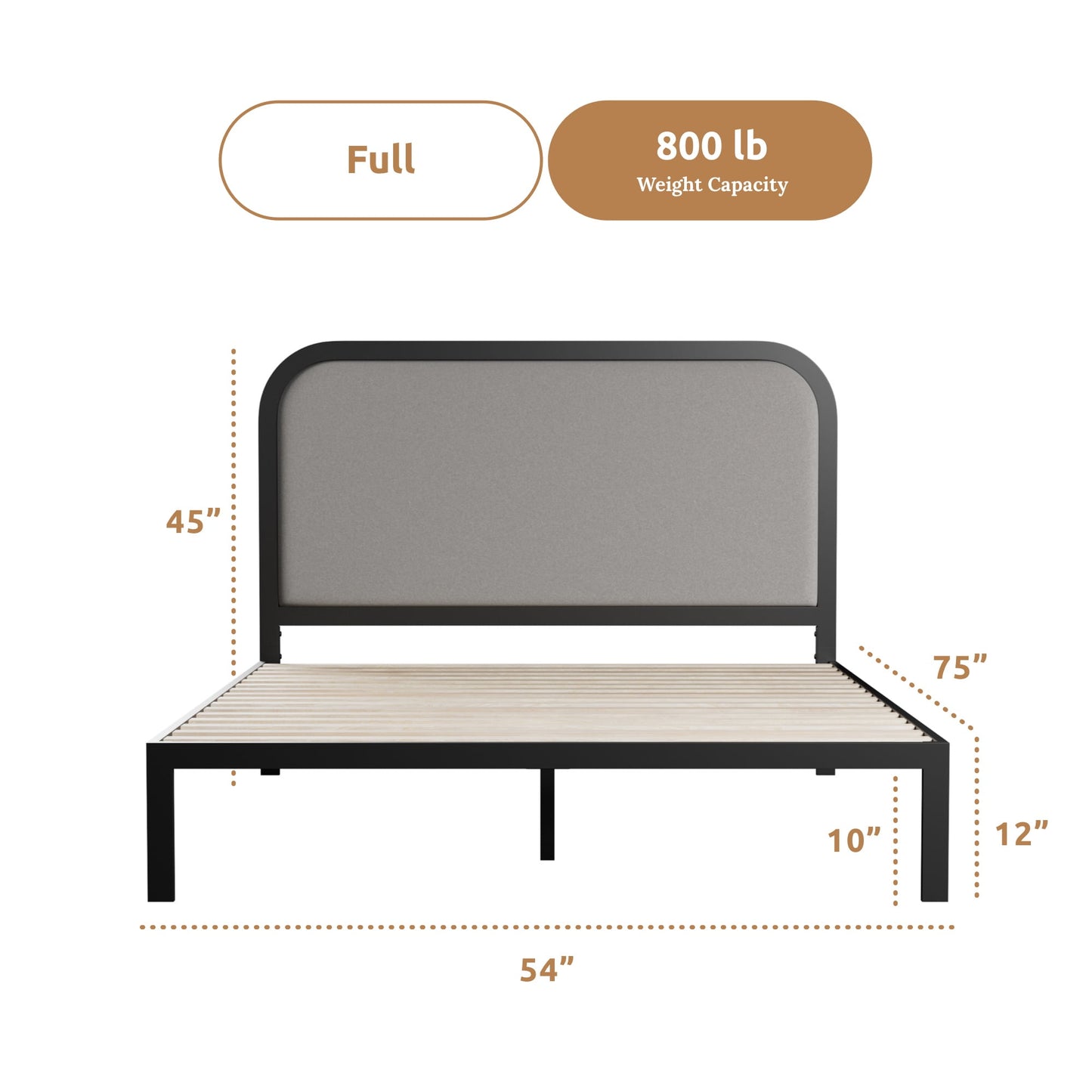 Rest Haven Salem Metal Platform Bed with Rounded Upholstered Headboard, Full, Gray