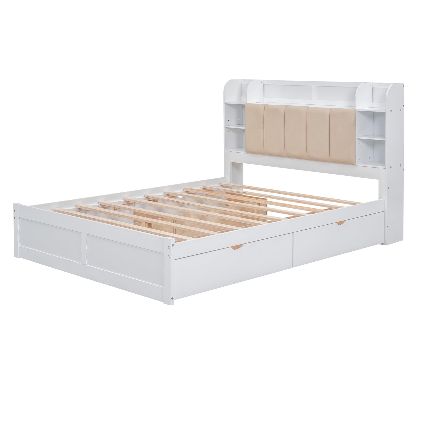 EUROCO Upholstered Queen Bed, Wood Platform Bed with Shelves and Drawers for Adults, Heavy Duty for Bedroom,Guests Room,White