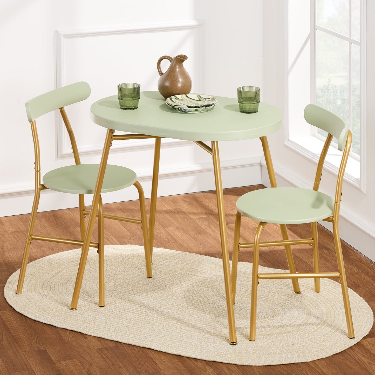 Best Choice Products 3-Piece Modern Oval Dining Table Set, Small Kitchen Dinette w/ 2 Chairs - Sage Green/Gold